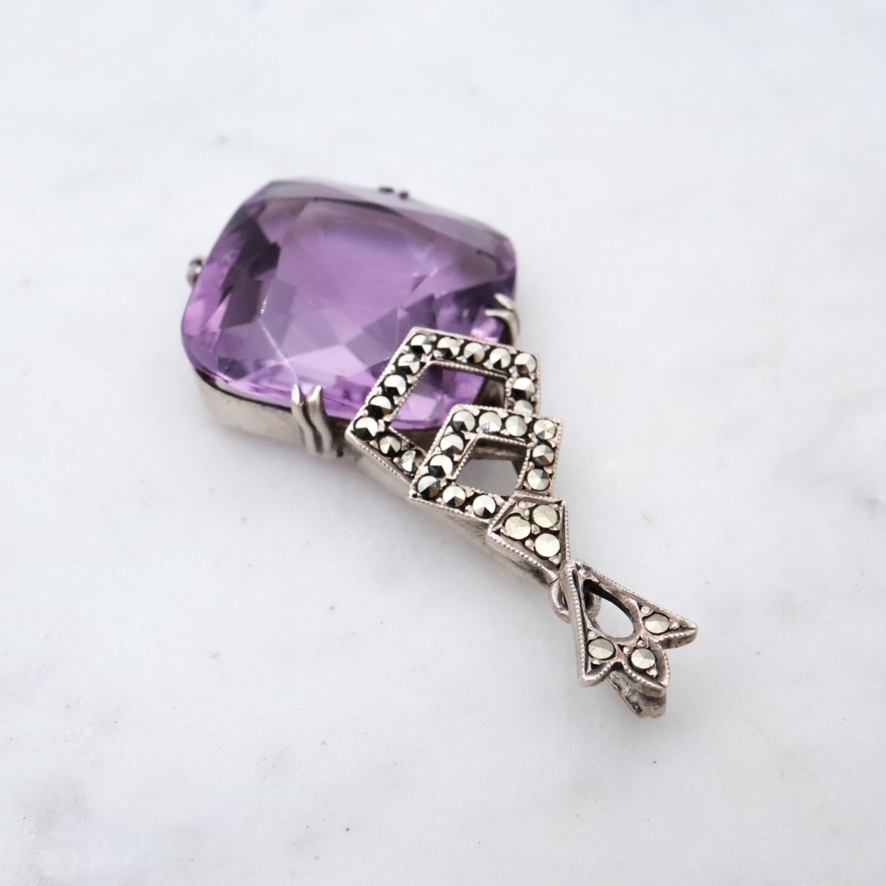 French Art Deco silver amethyst & marcasite drop pendant