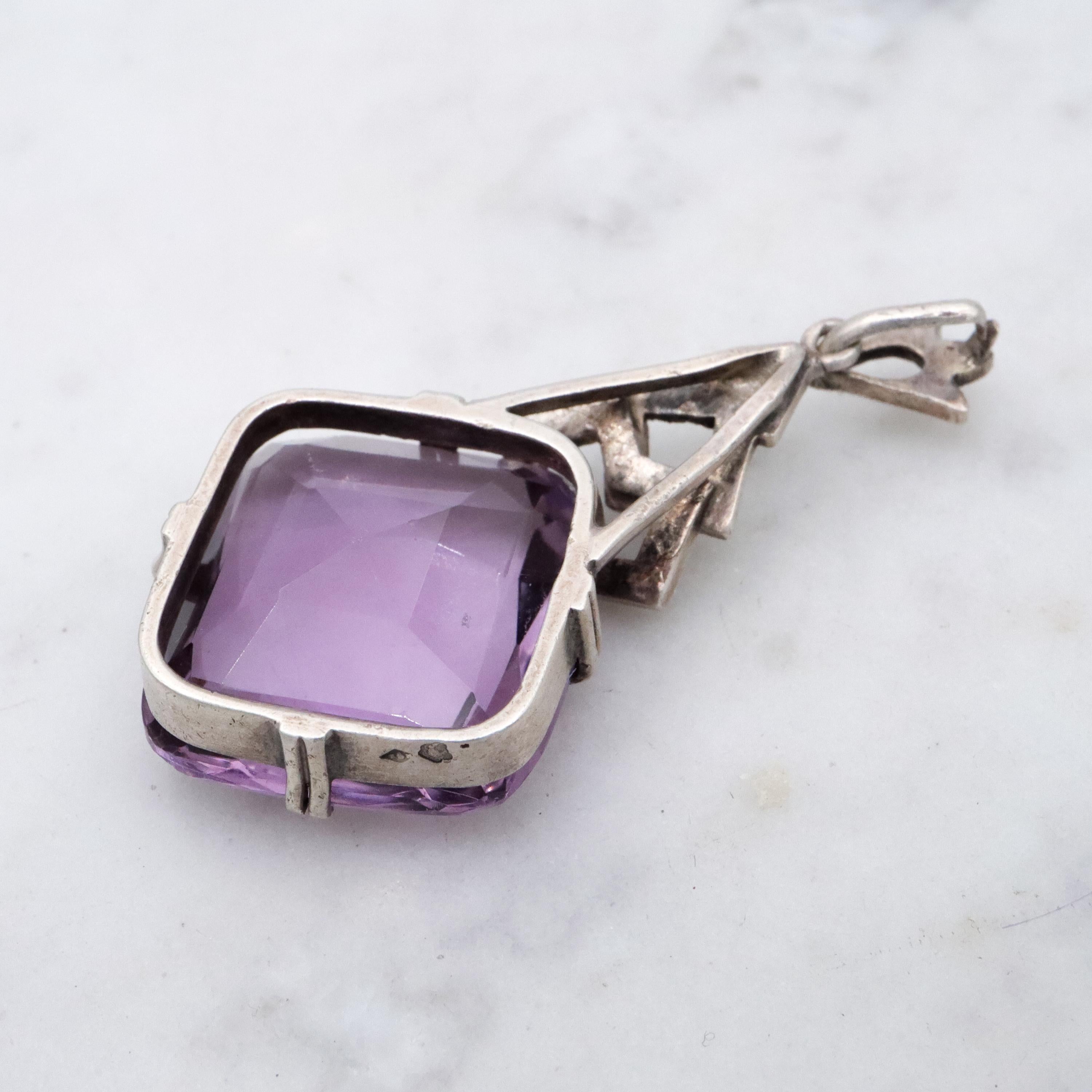 French Art Deco silver amethyst & marcasite drop pendant