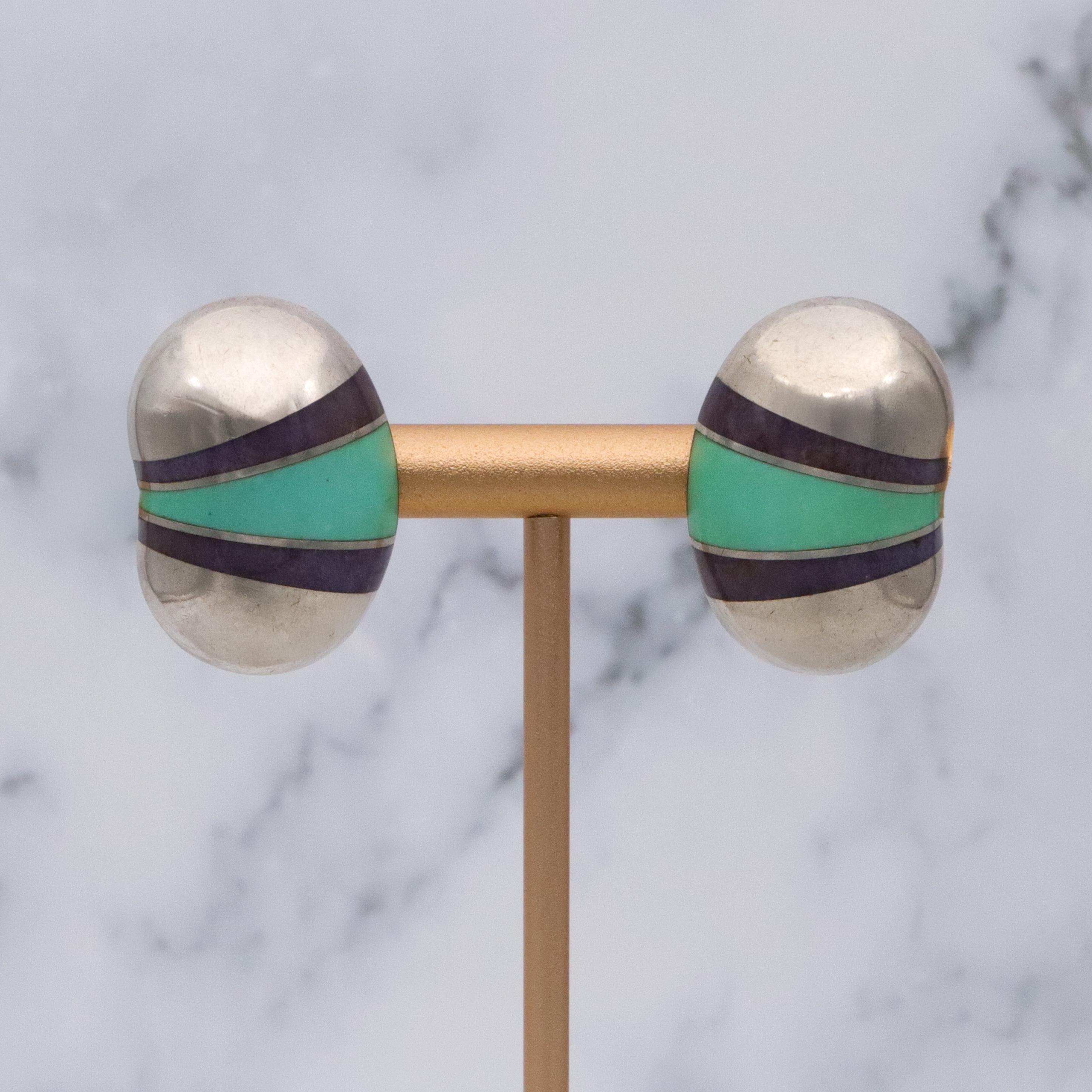 Vintage Valerie Jo Coulson gemstone inlaid sterling bean earrings