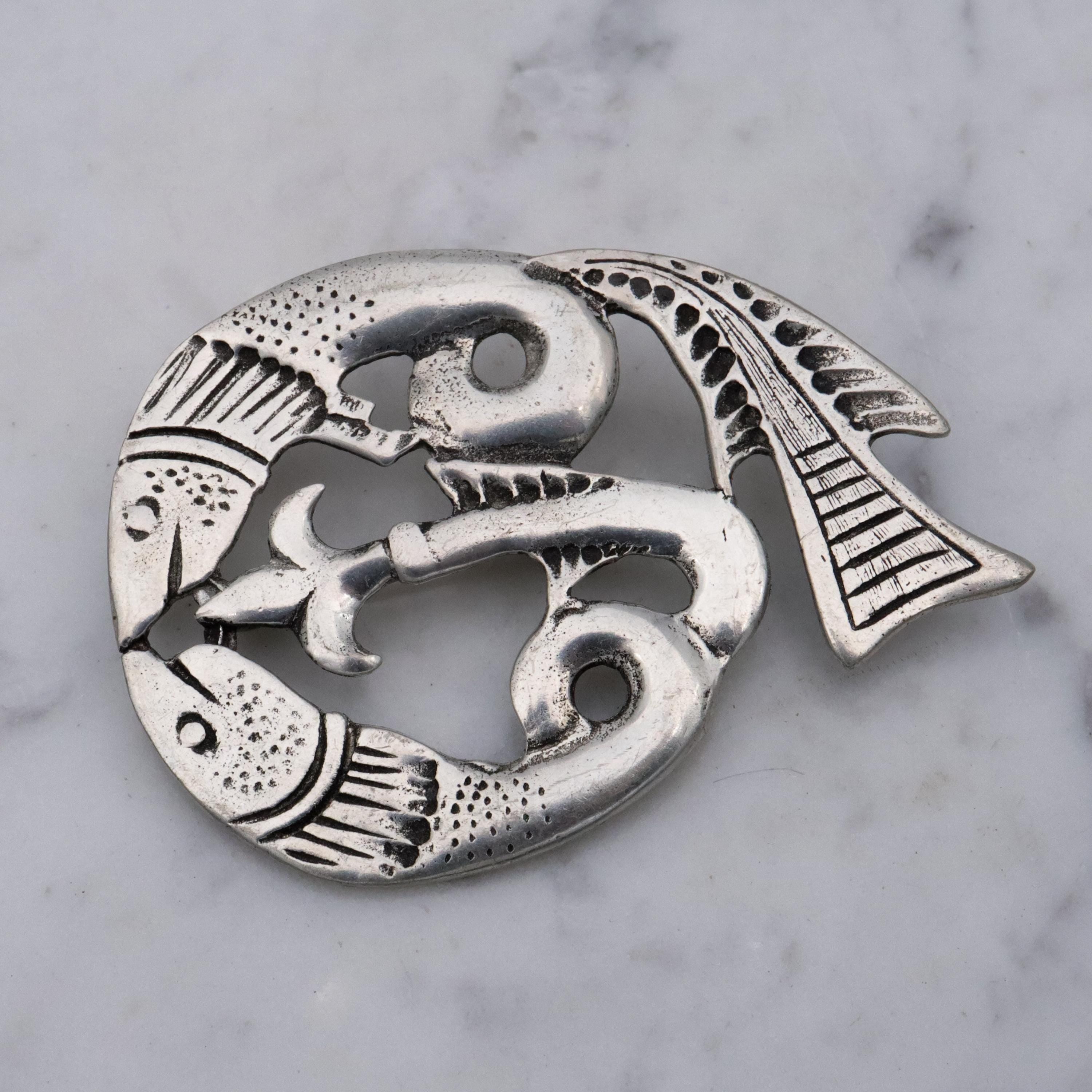 Vintage St. Justin Celtic fish pewter brooch