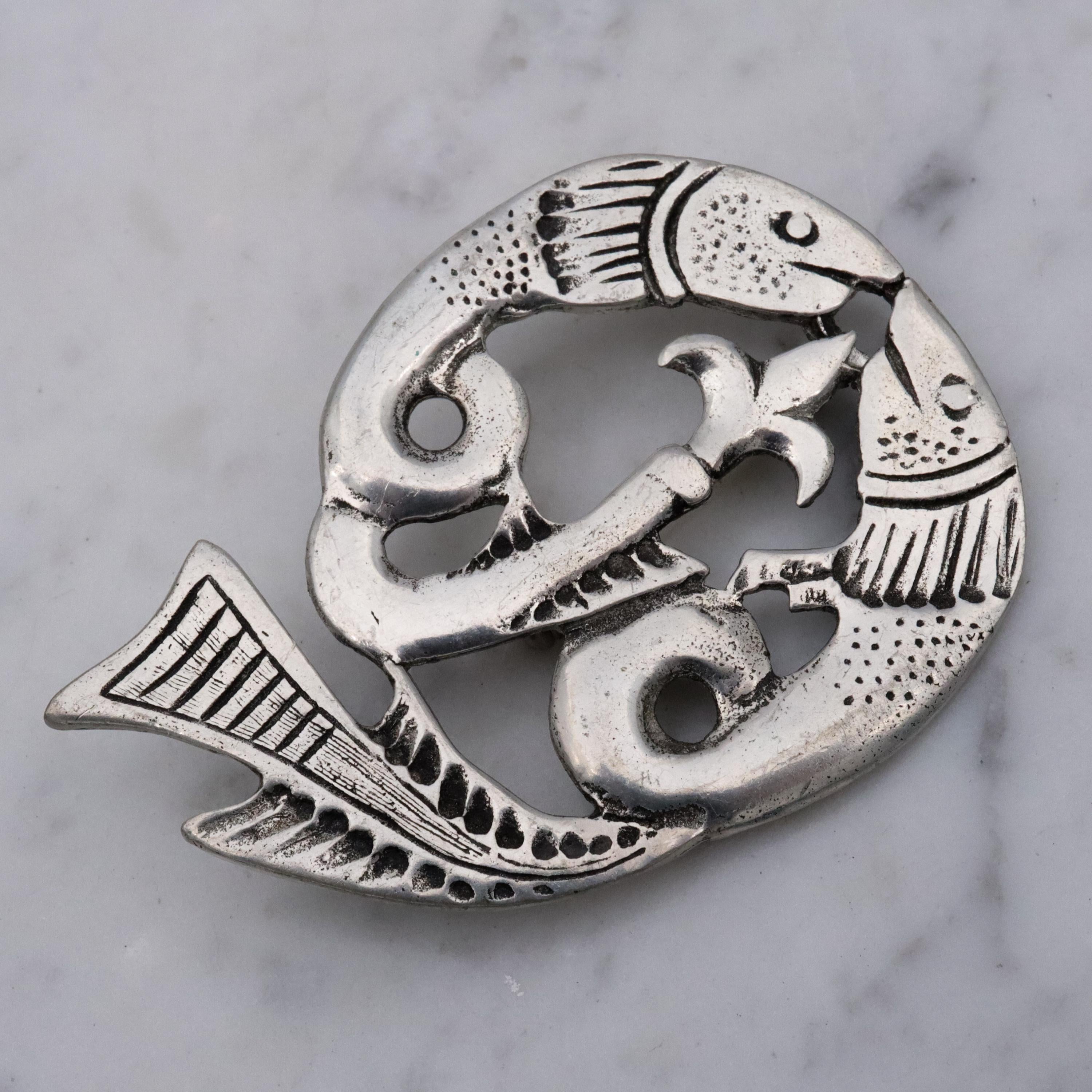 Vintage St. Justin Celtic fish pewter brooch