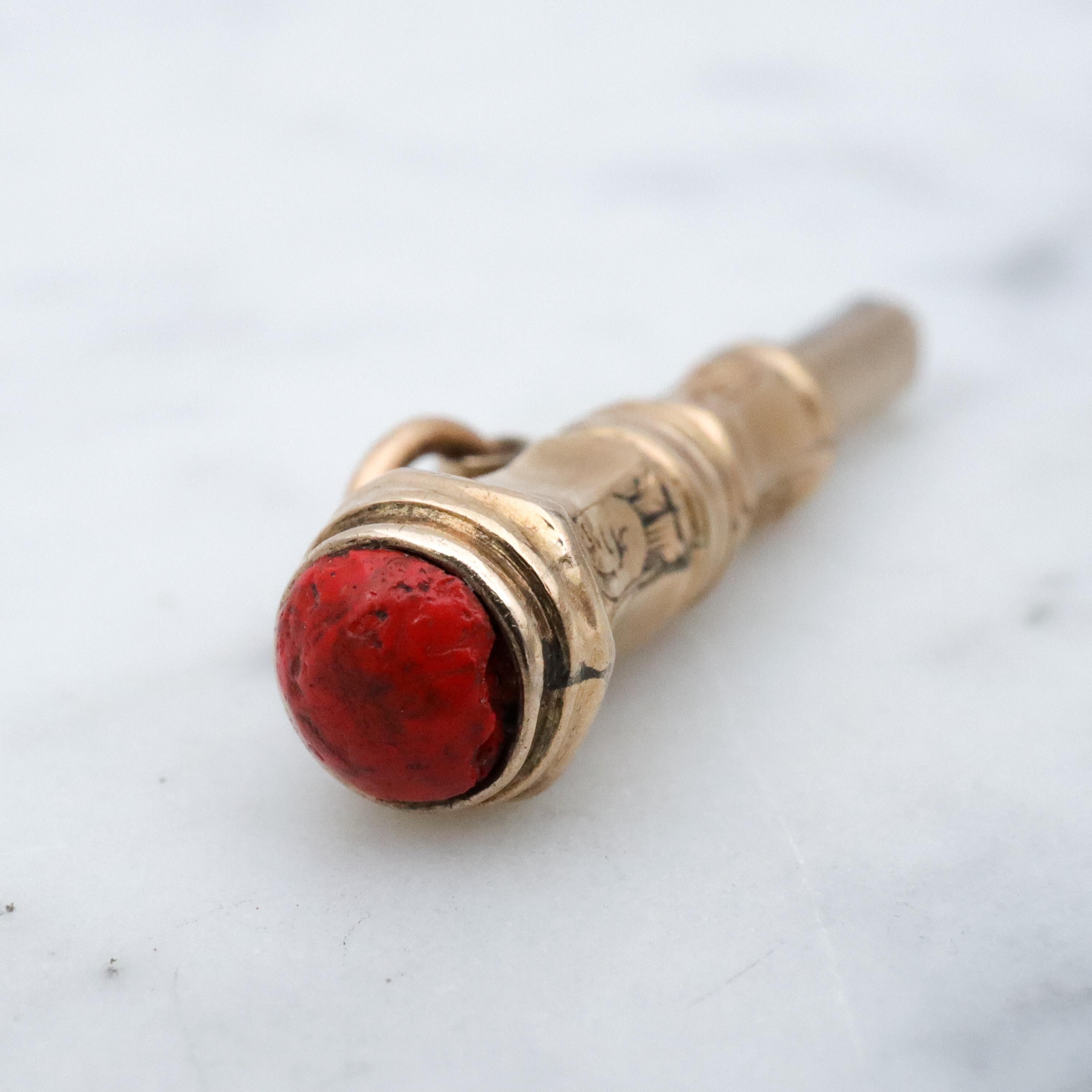 Antique Victorian 10k gold watch key fob with red stone end
