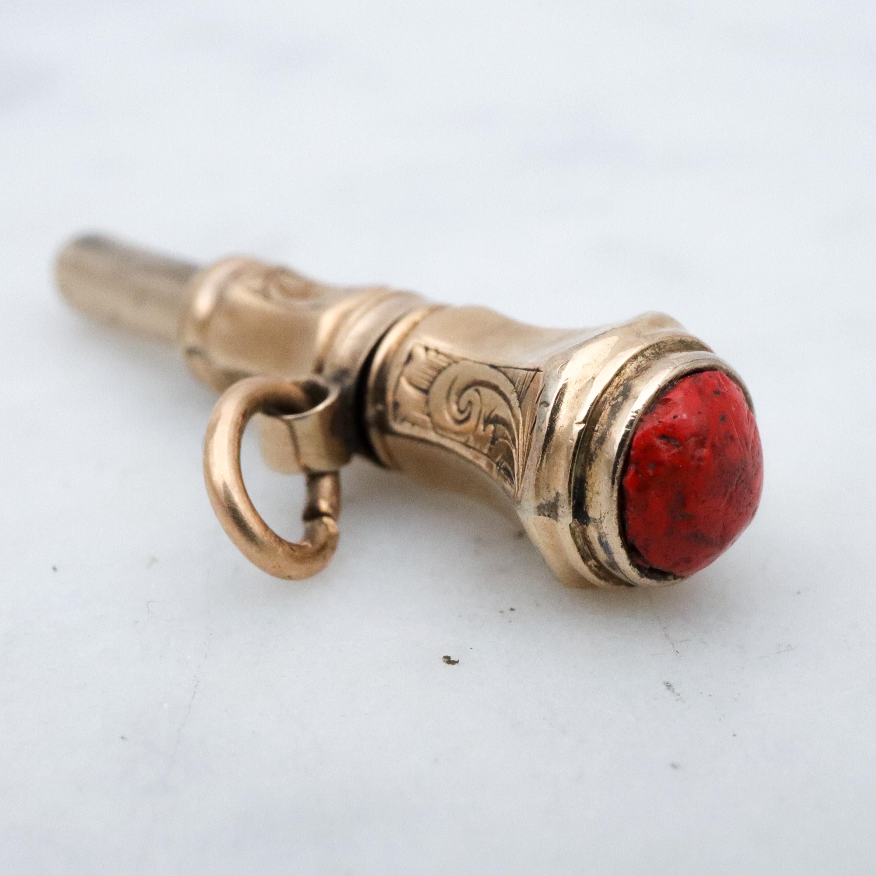 Antique Victorian 10k gold watch key fob with red stone end