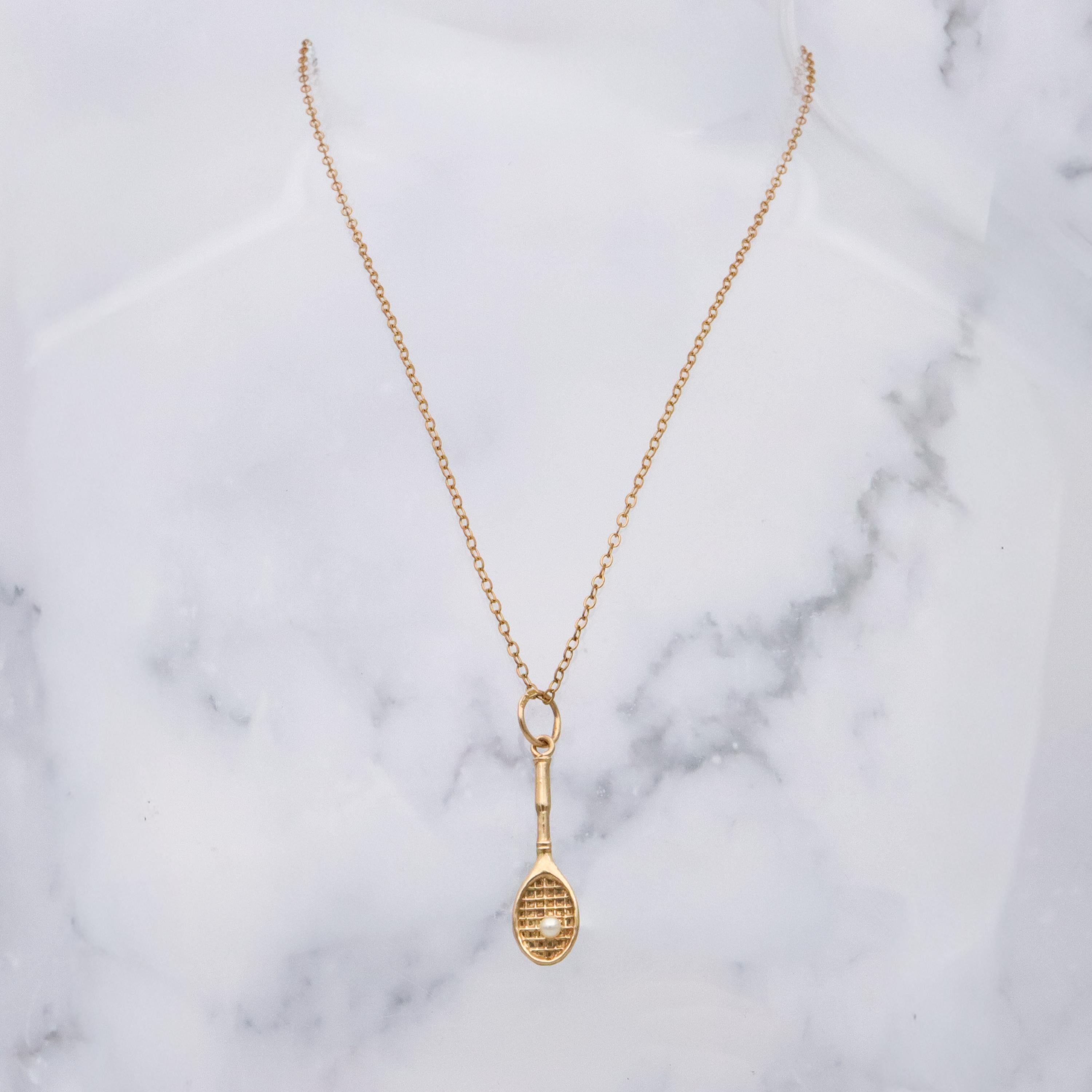 Vintage 14k gold & pearl tennis racket charm pendant