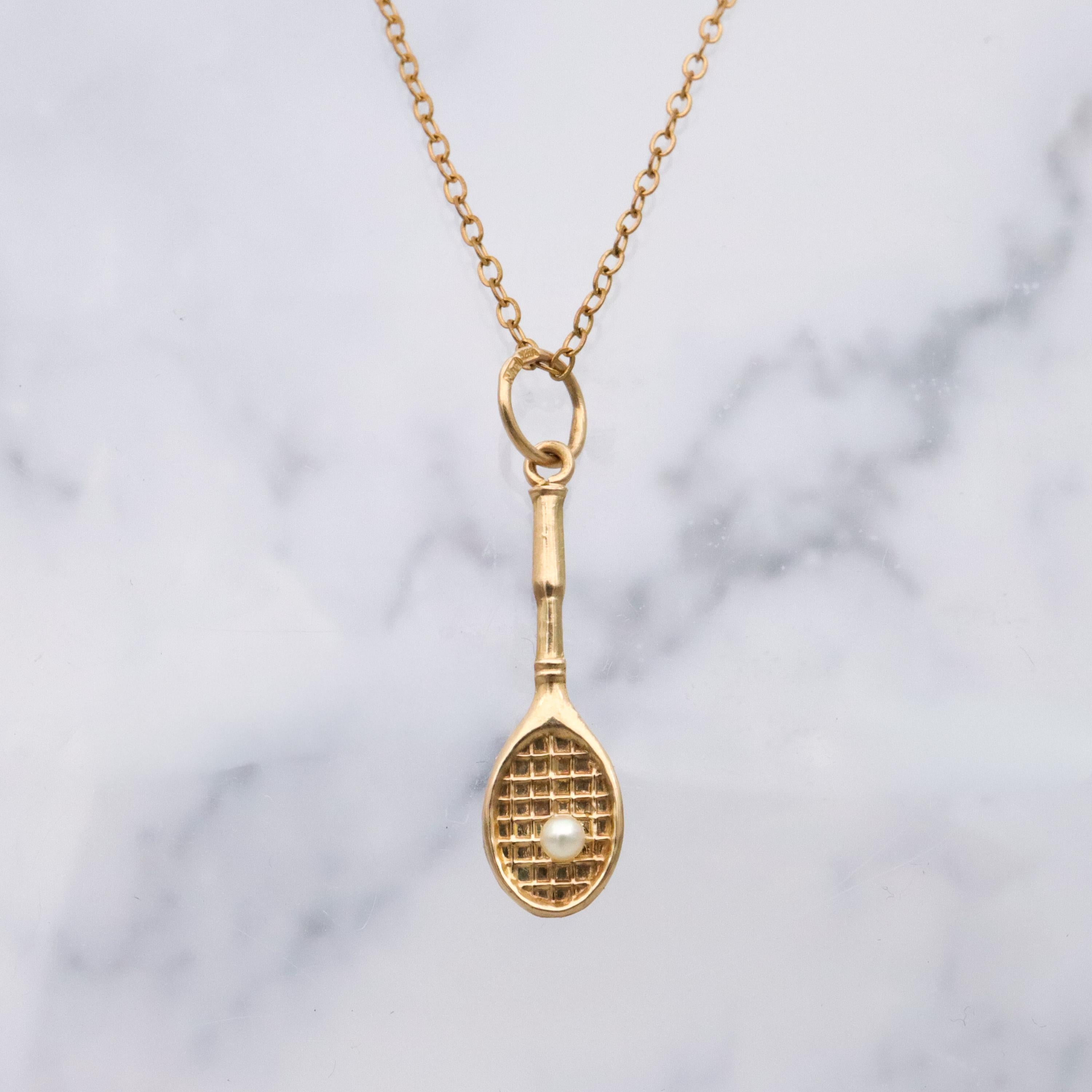 Vintage 14k gold & pearl tennis racket charm pendant