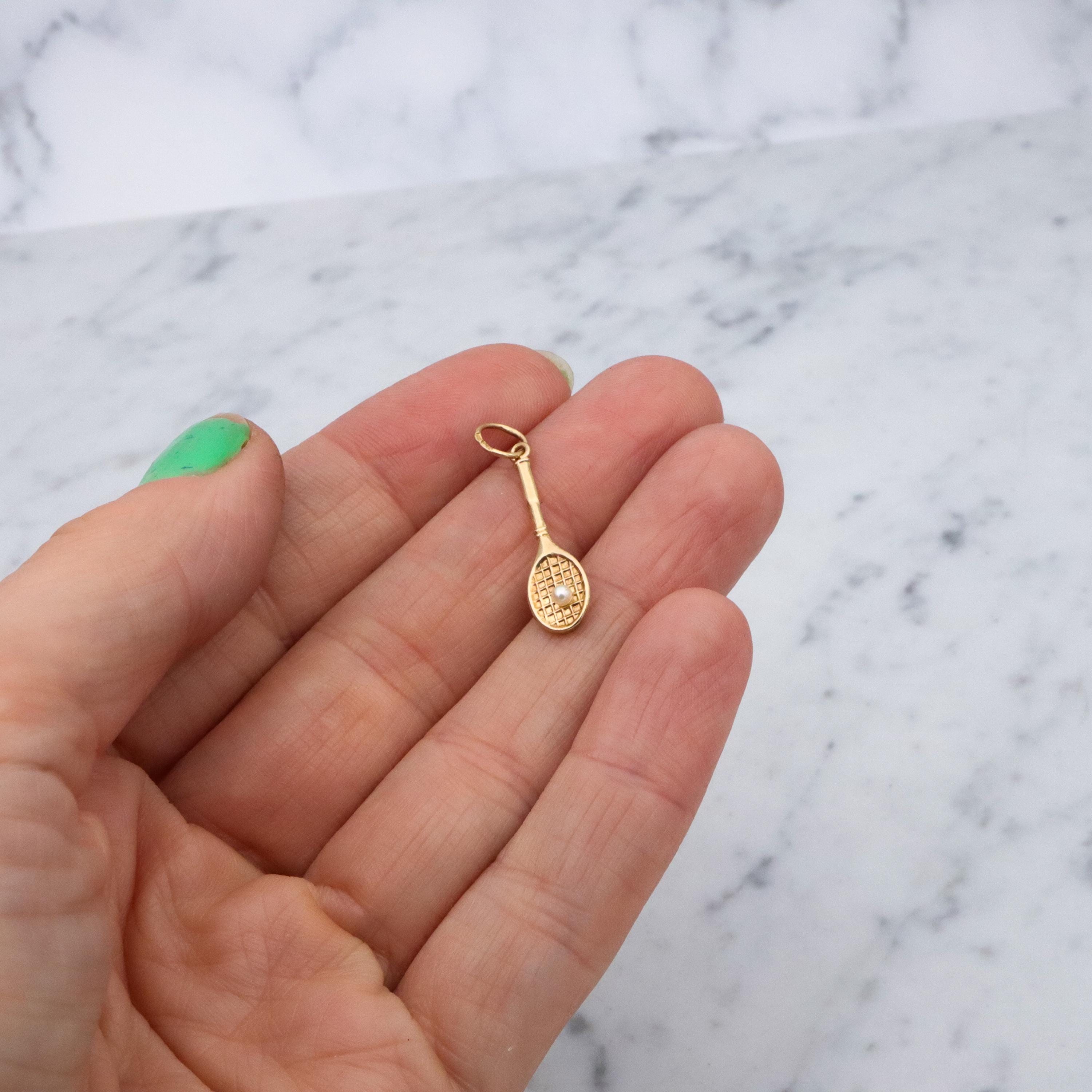 Vintage 14k gold & pearl tennis racket charm pendant