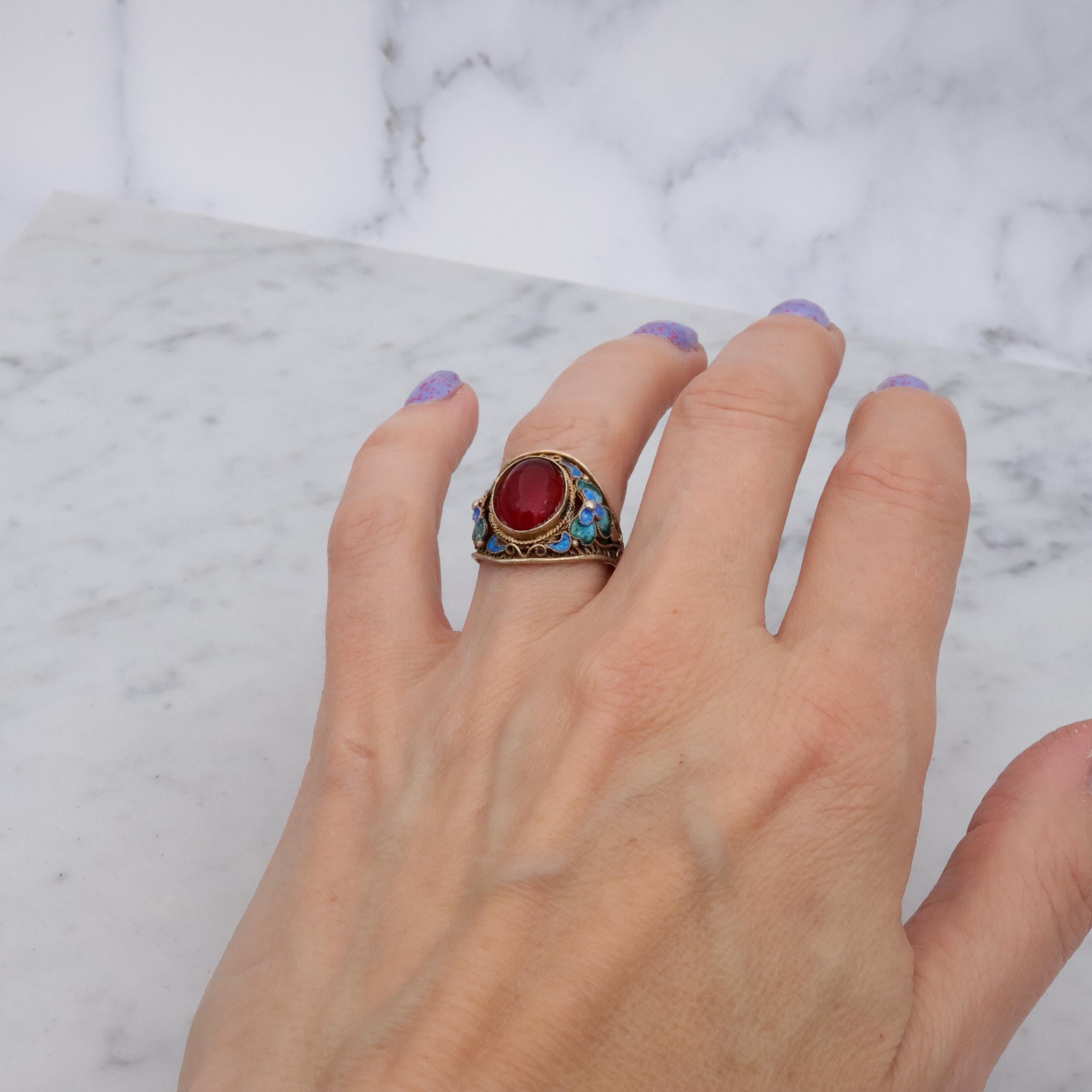 Retro Chinese Export gilt sterling filigree enamel flower ring, size 8 adj