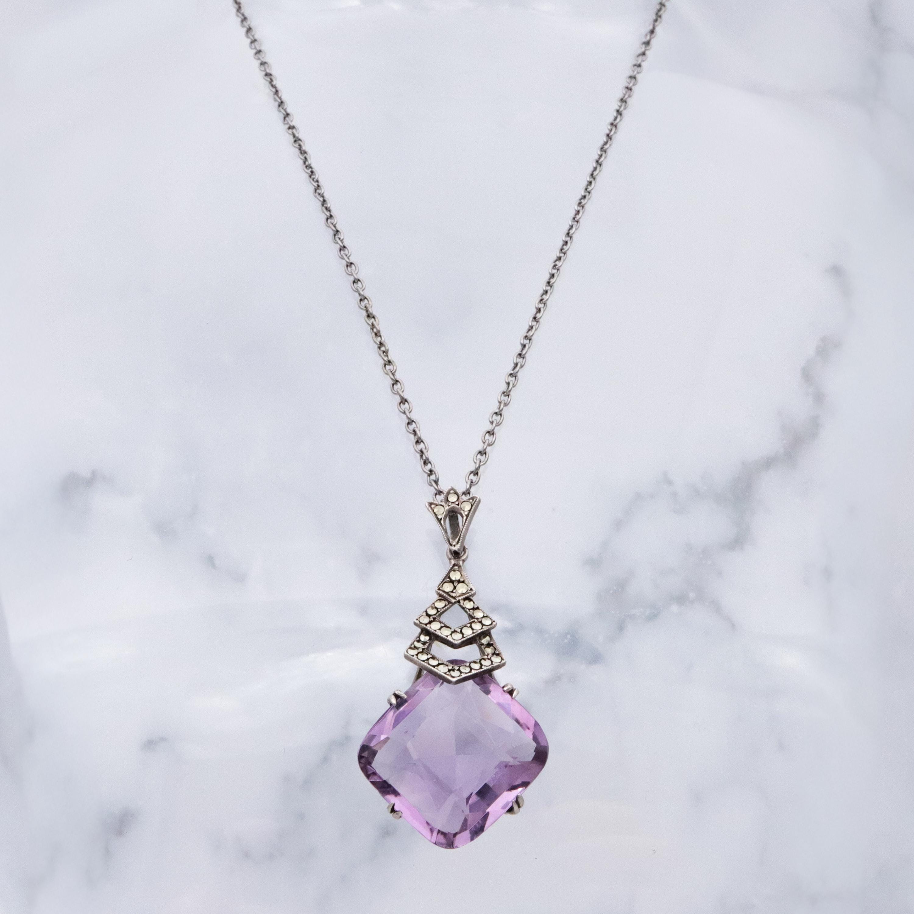 French Art Deco silver amethyst & marcasite drop pendant