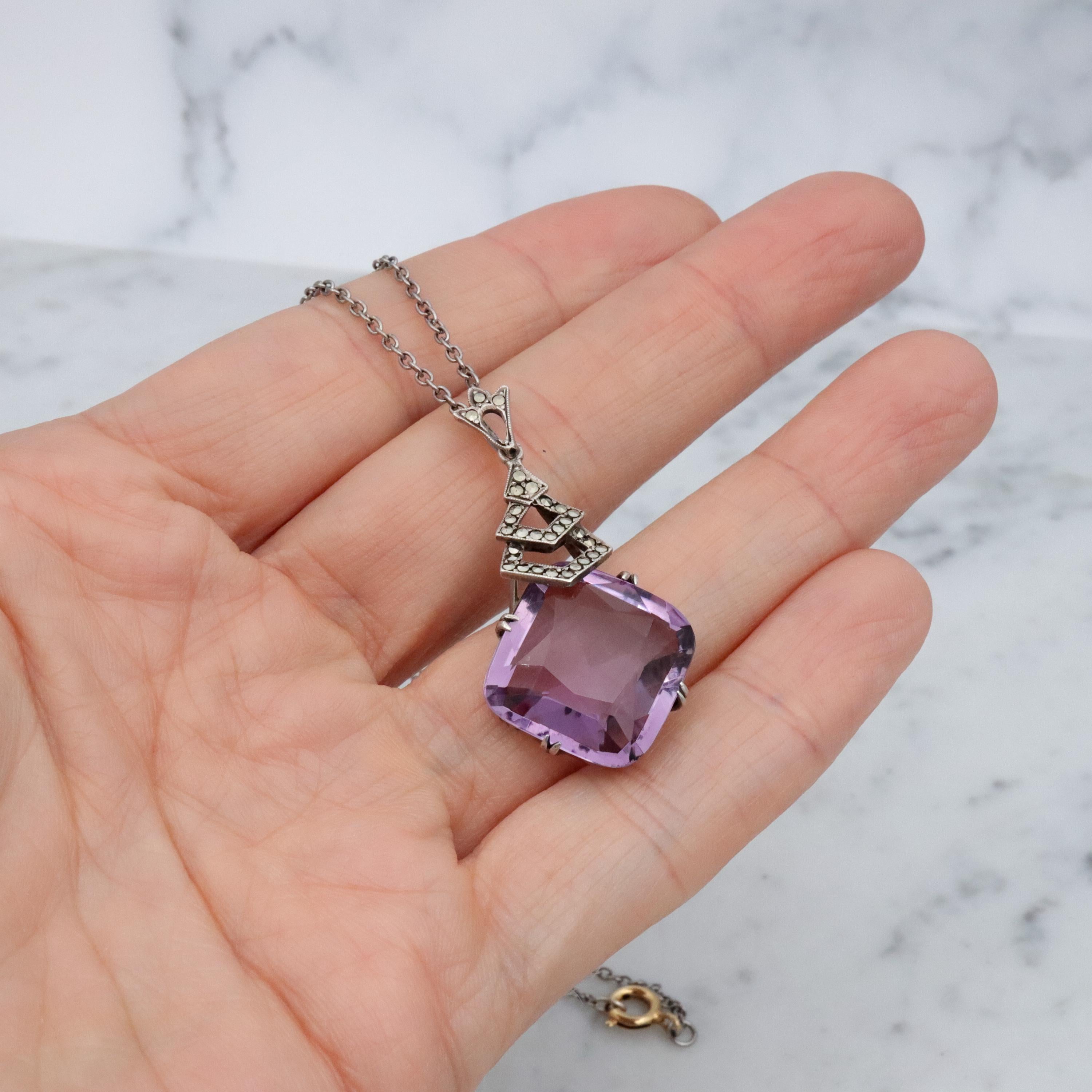 French Art Deco silver amethyst & marcasite drop pendant