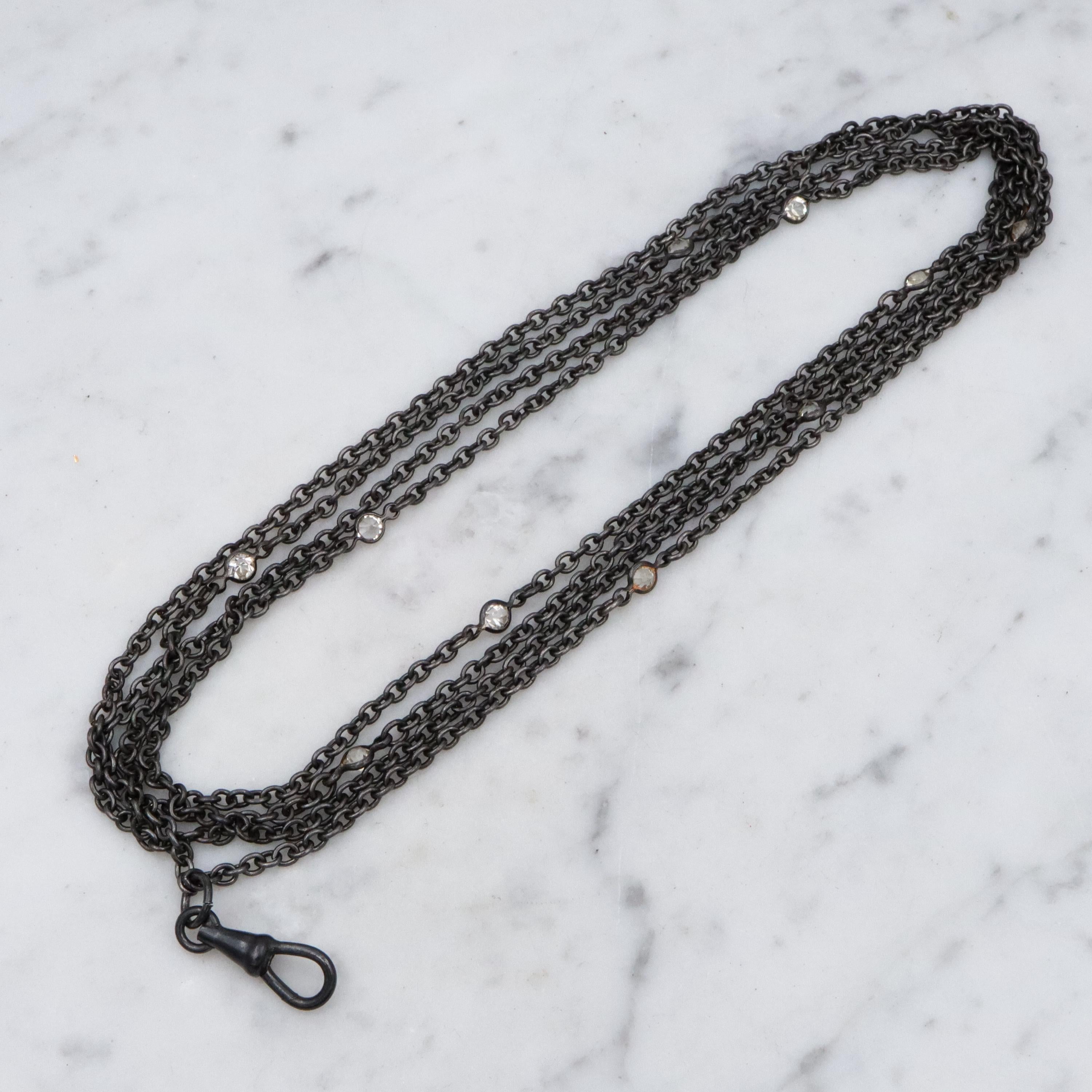 Victorian gunmetal 54" long muff guard chain w/open back crystal accents & dog clip clasp