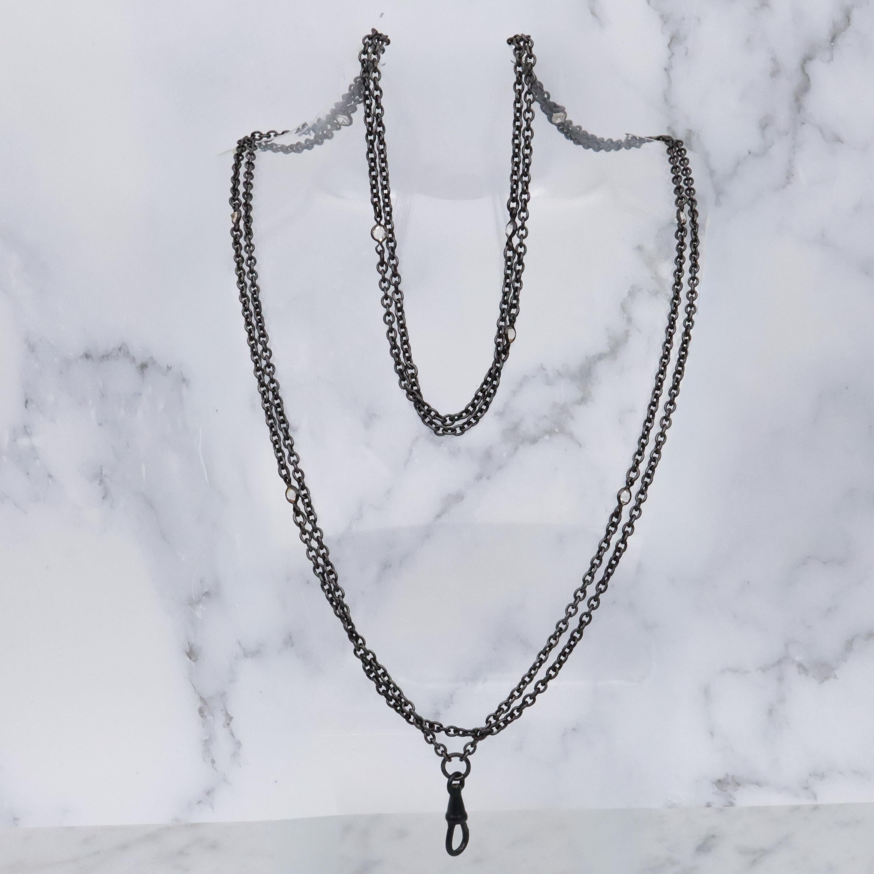 Victorian gunmetal 54" long muff guard chain w/open back crystal accents & dog clip clasp