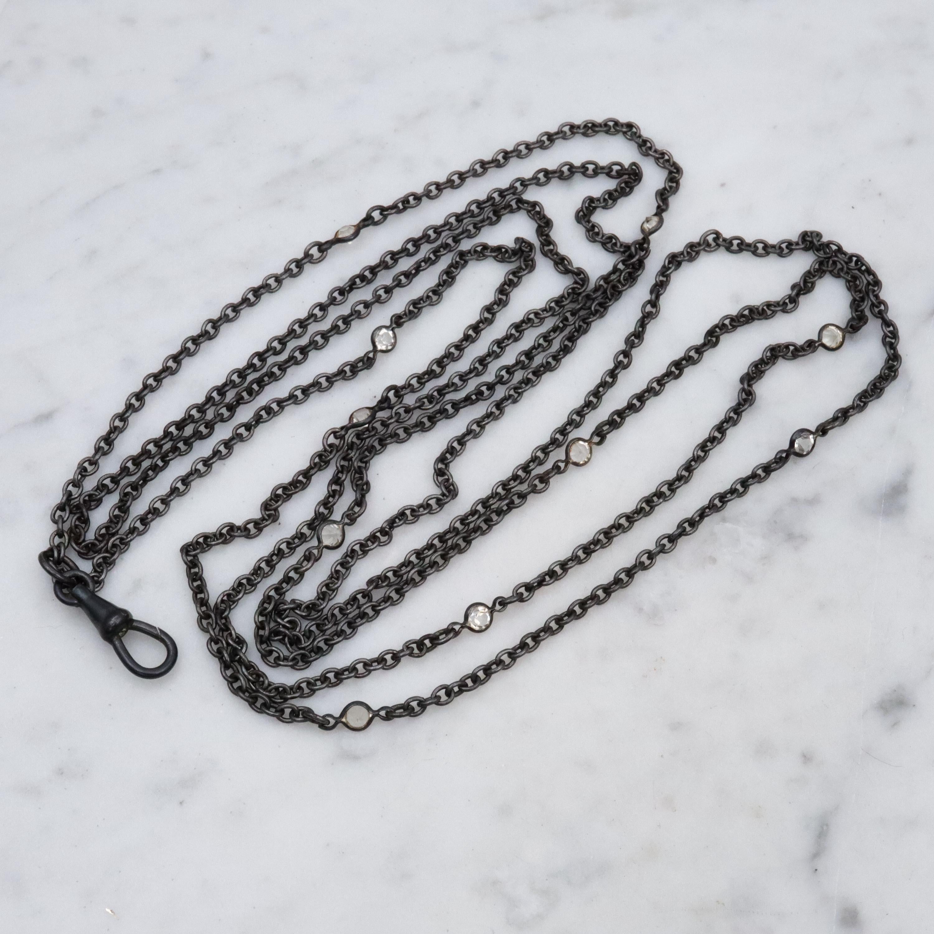 Victorian gunmetal 54" long muff guard chain w/open back crystal accents & dog clip clasp