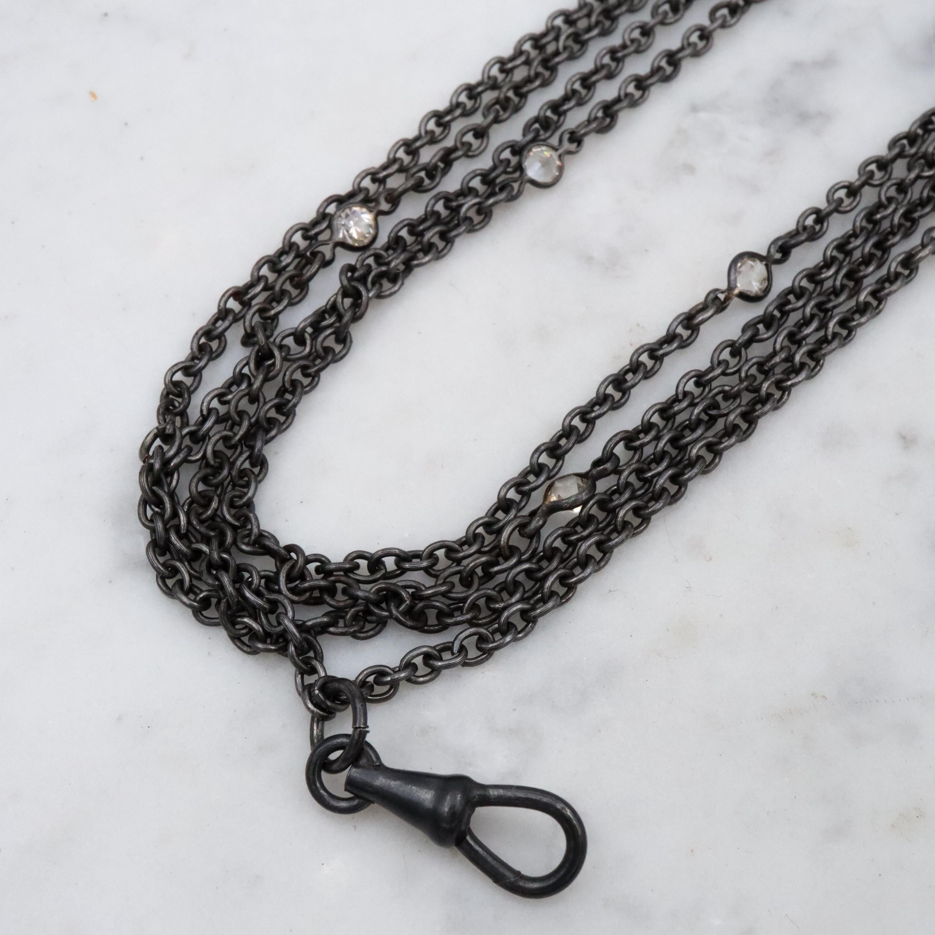Victorian gunmetal 54" long muff guard chain w/open back crystal accents & dog clip clasp
