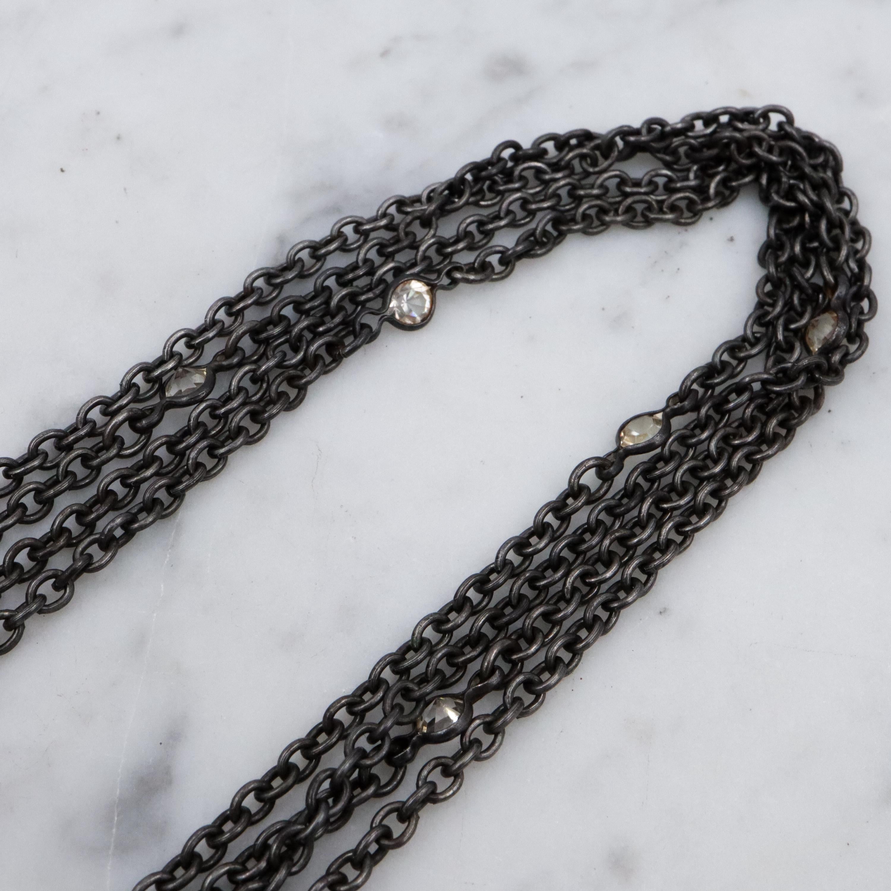 Victorian gunmetal 54" long muff guard chain w/open back crystal accents & dog clip clasp