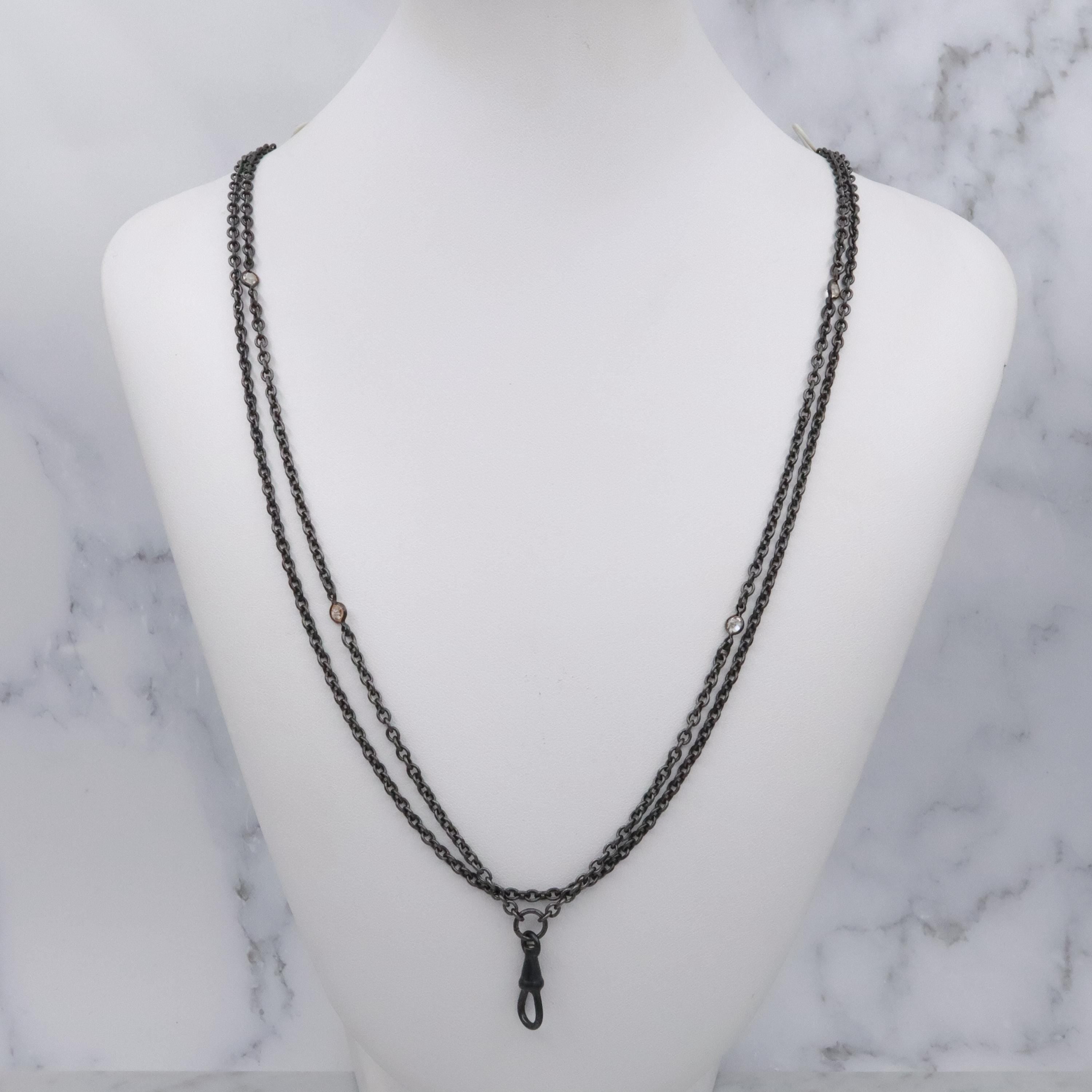 Victorian gunmetal 54" long muff guard chain w/open back crystal accents & dog clip clasp