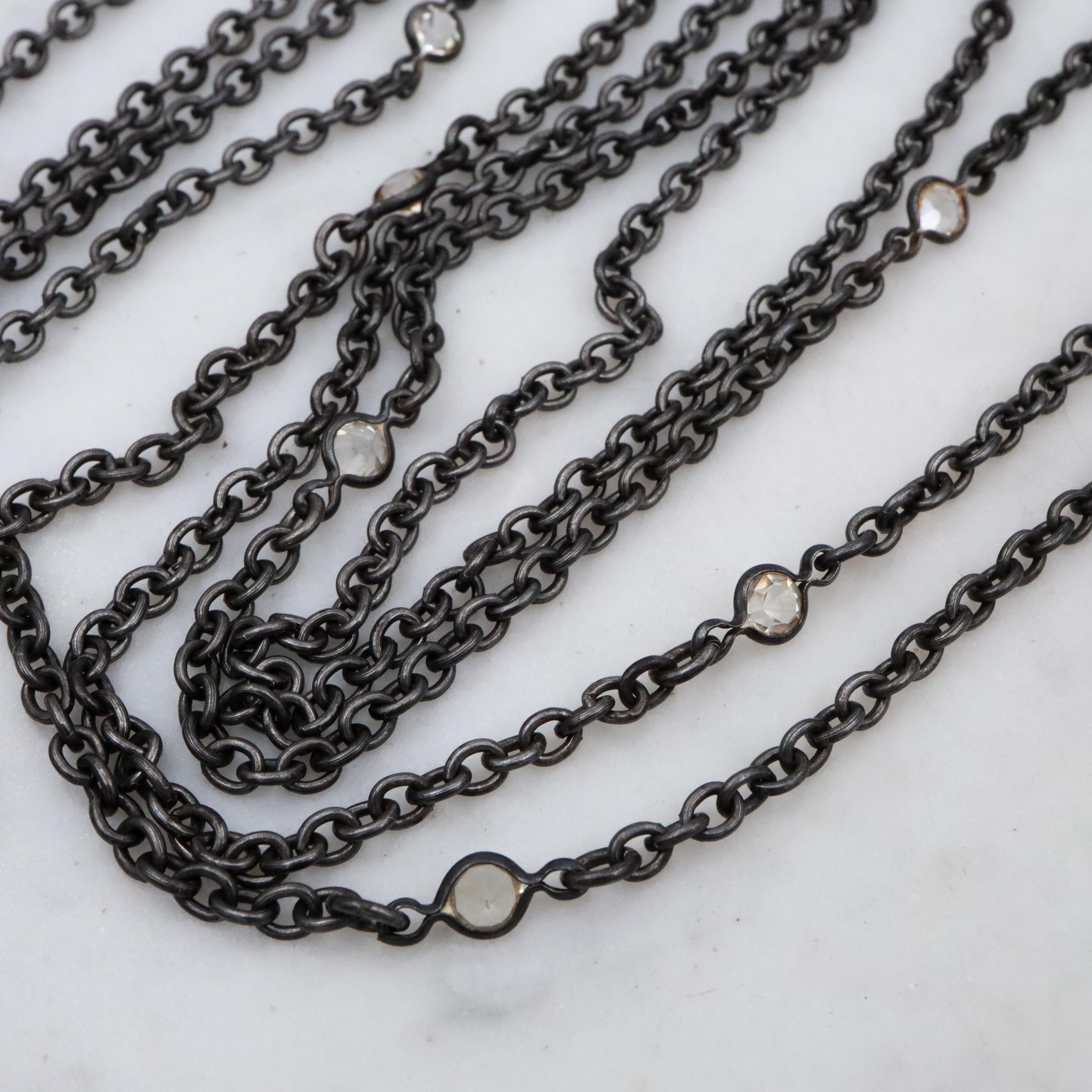 Victorian gunmetal 54" long muff guard chain w/open back crystal accents & dog clip clasp