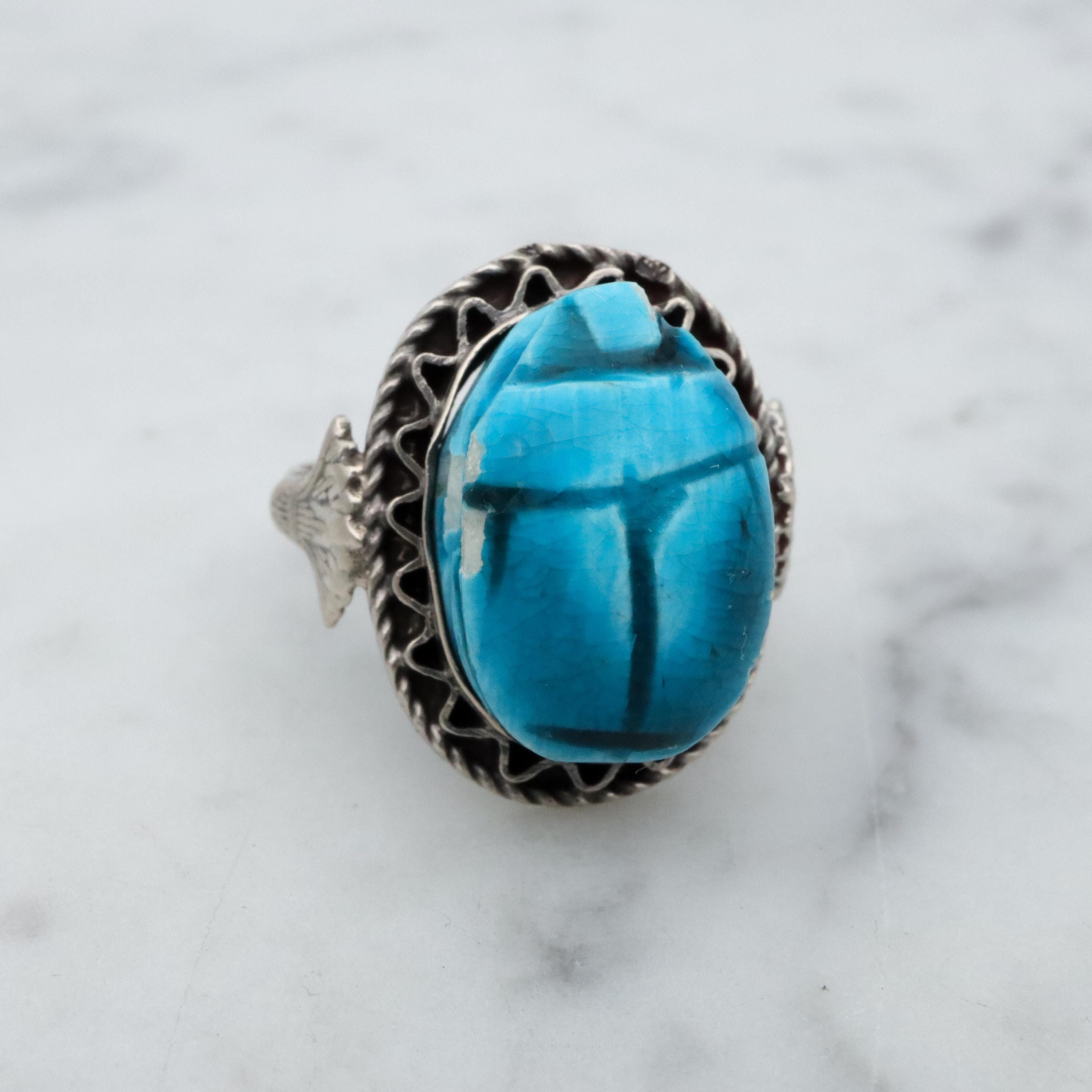 Mid Century Egyptian silver faience scarab ring, size 6