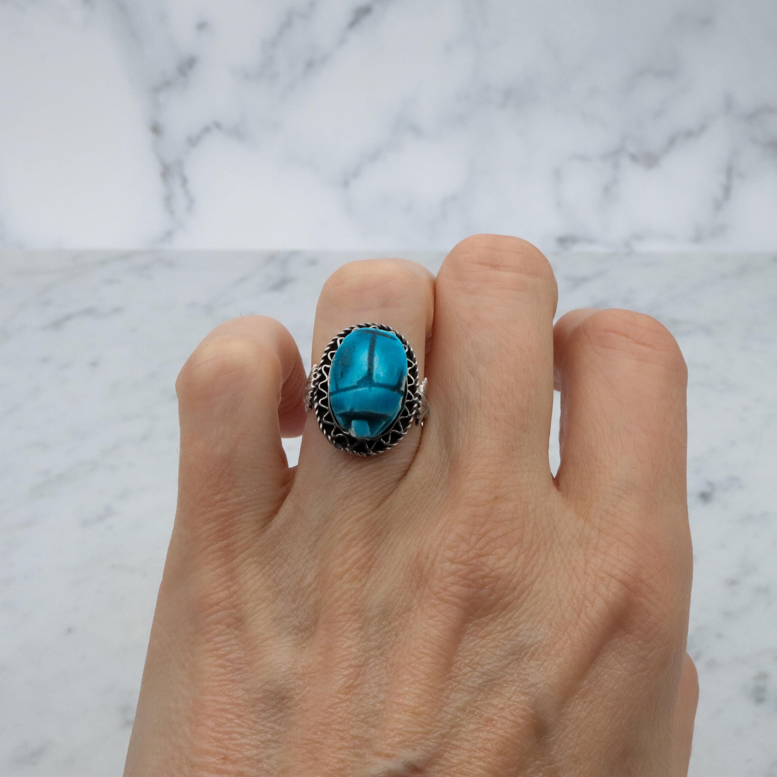Mid Century Egyptian silver faience scarab ring, size 6