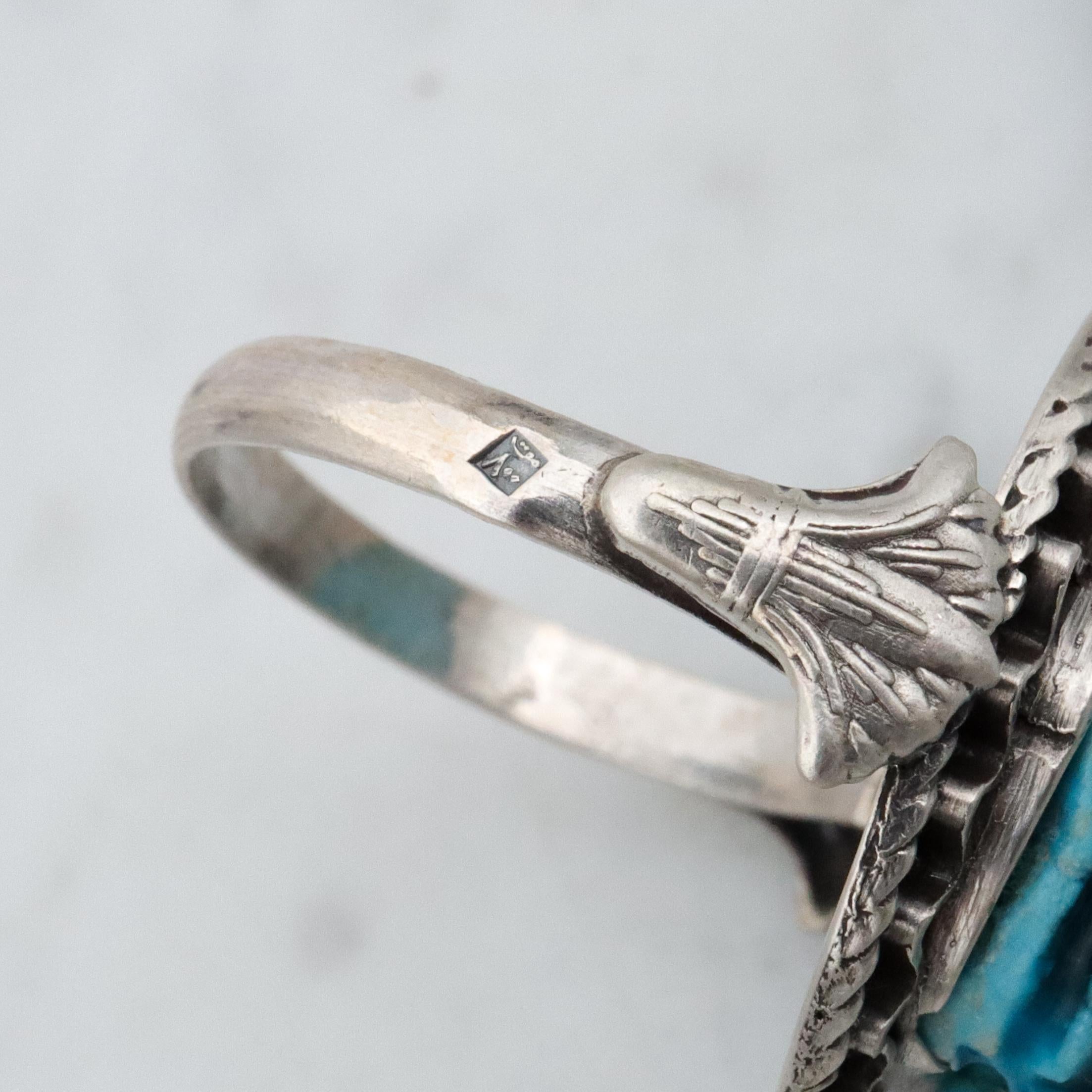 Mid Century Egyptian silver faience scarab ring, size 6