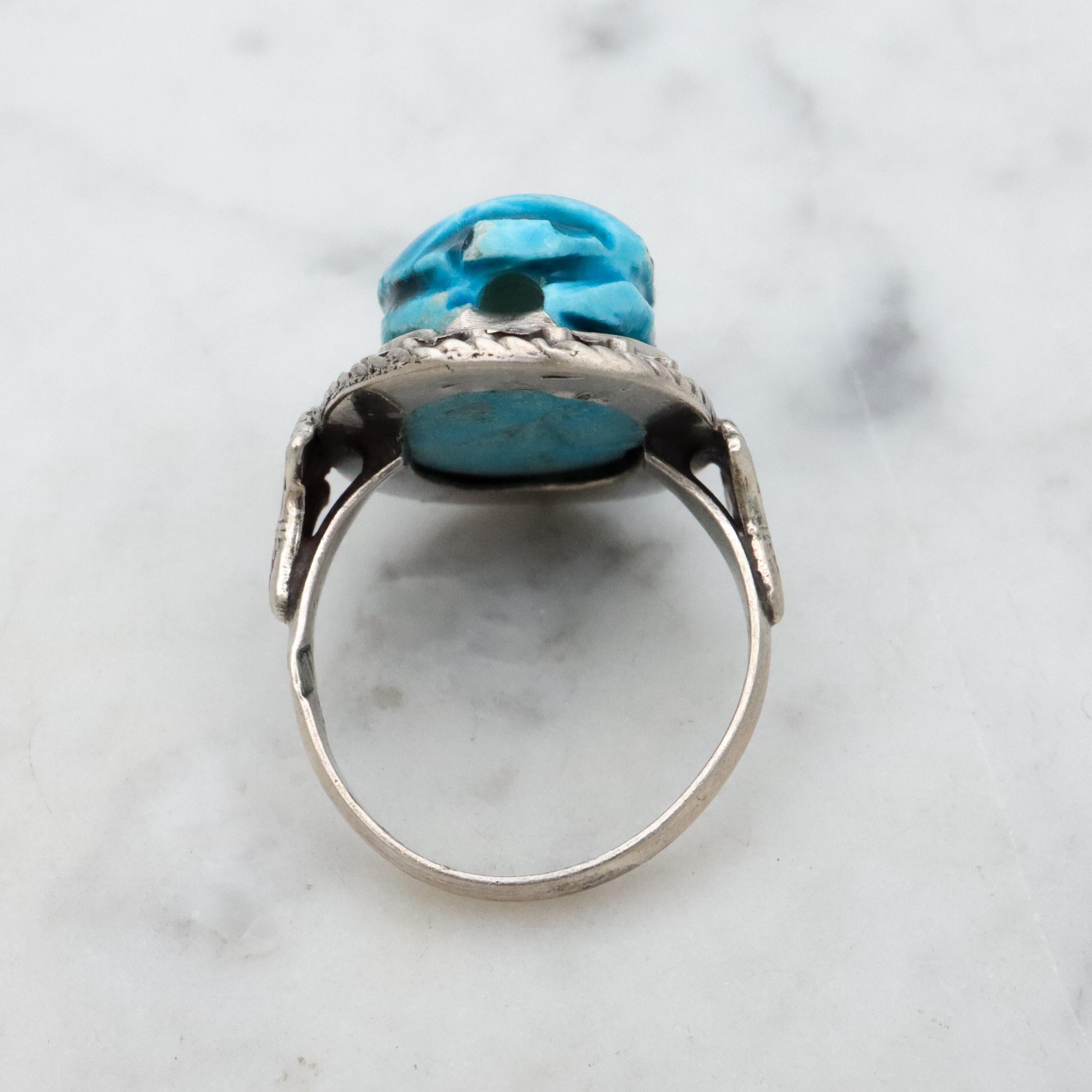 Mid Century Egyptian silver faience scarab ring, size 6