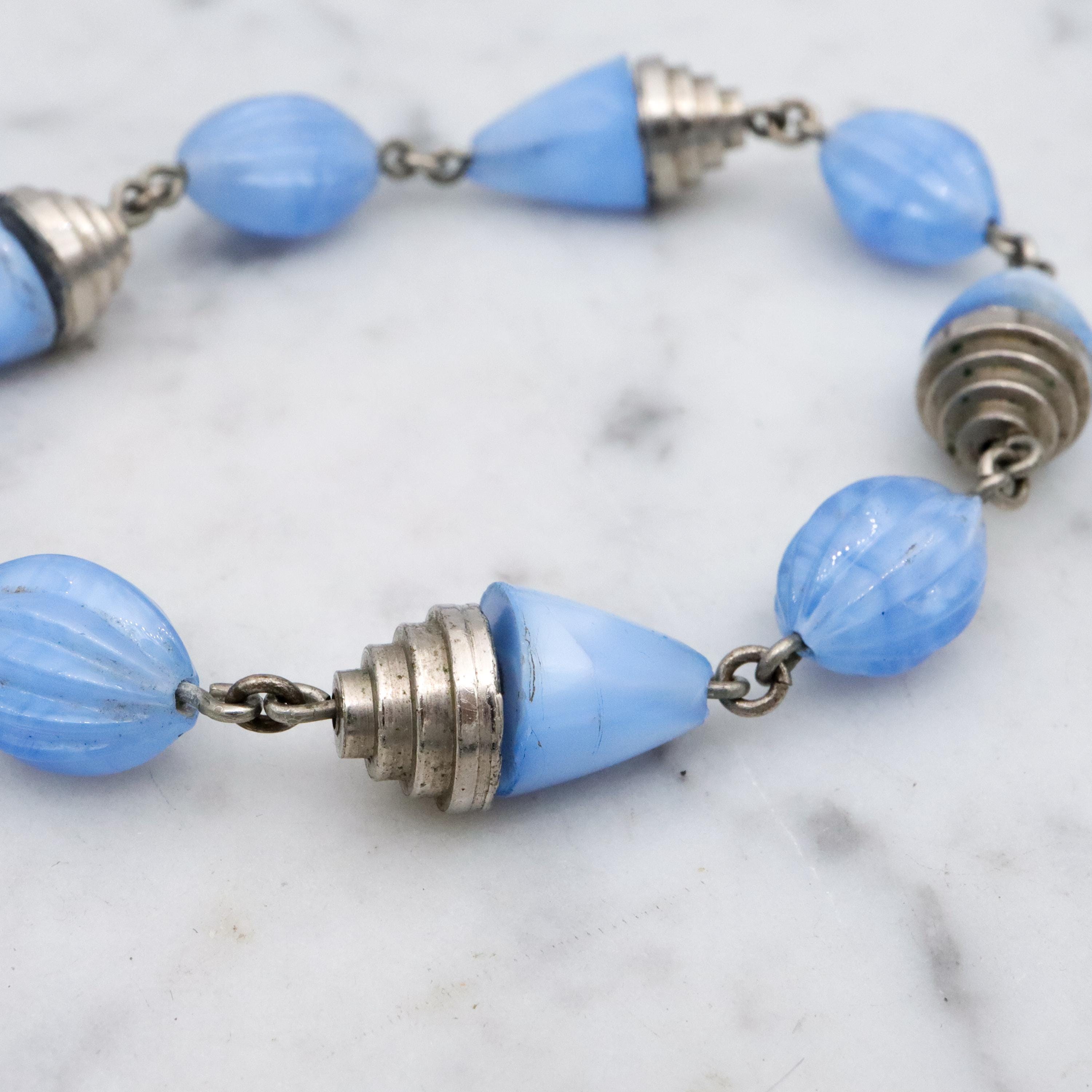 Art Deco blue art glass & chrome tiered beaded bracelet with drop