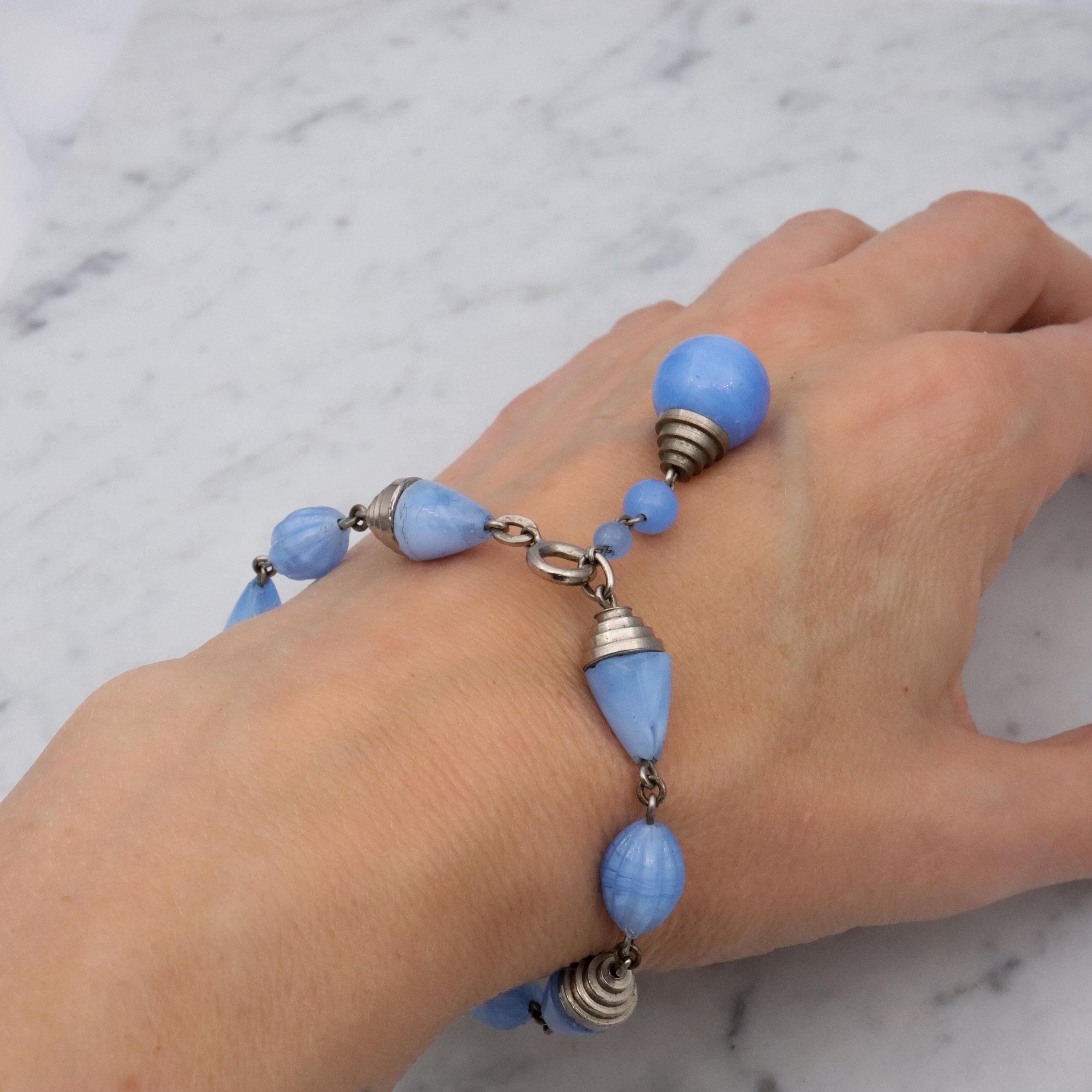 Art Deco blue art glass & chrome tiered beaded bracelet with drop