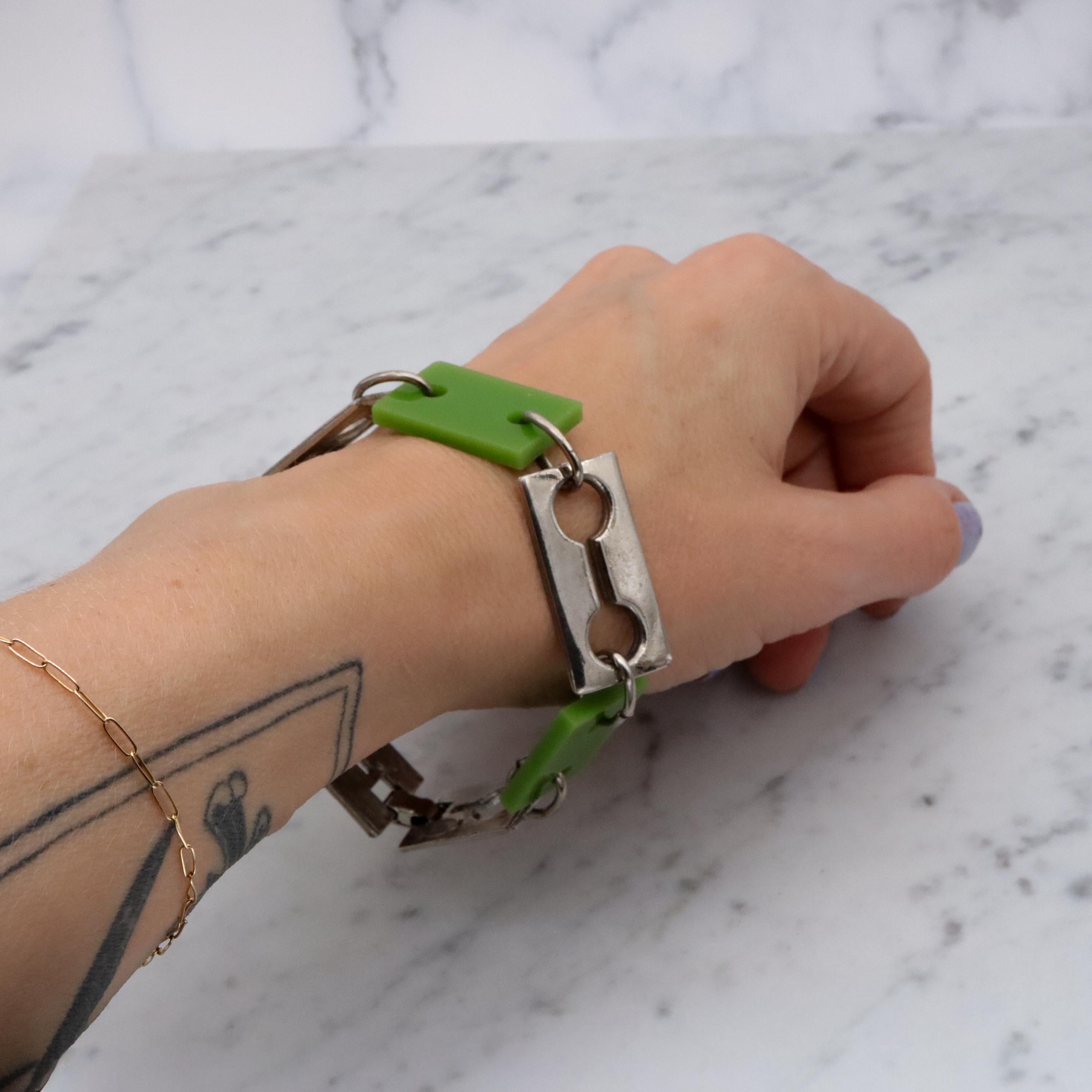 Mid Century Celebrity N.Y. lime green & silver tone razor blade style link bracelet