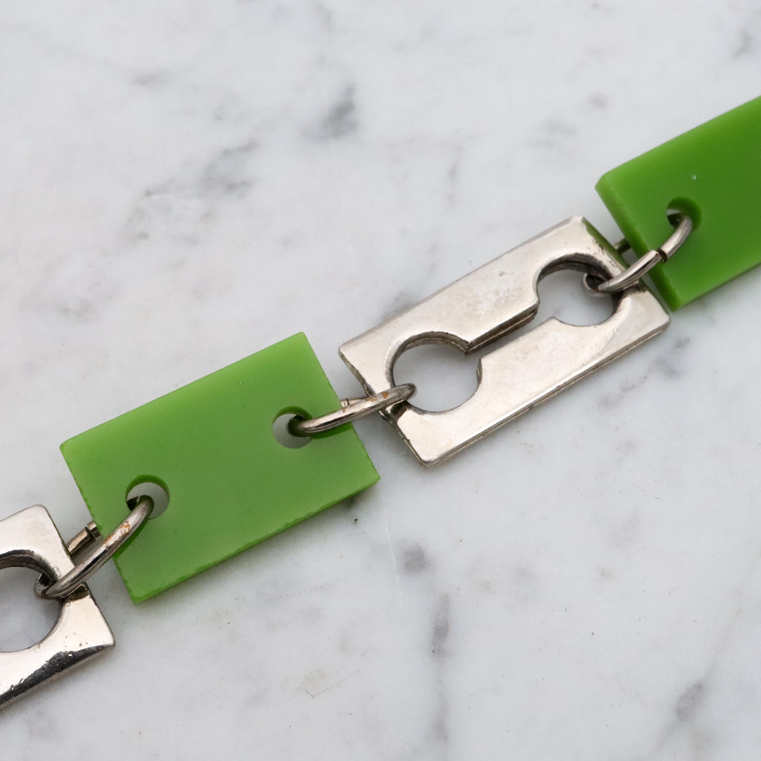 Mid Century Celebrity N.Y. lime green & silver tone razor blade style link bracelet