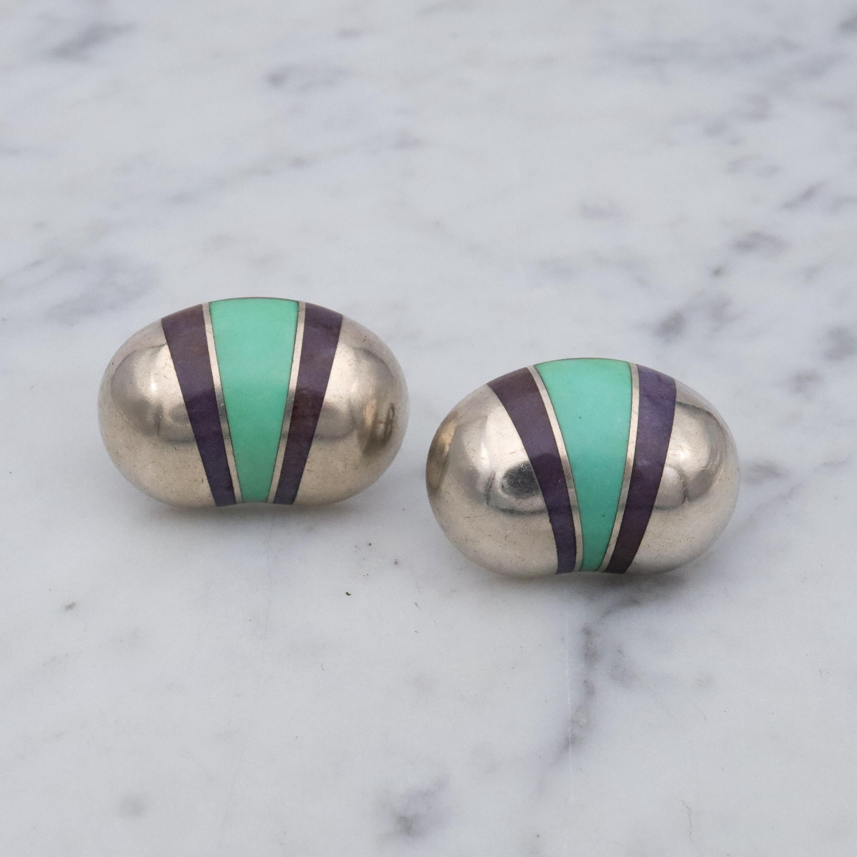Vintage Valerie Jo Coulson gemstone inlaid sterling bean earrings
