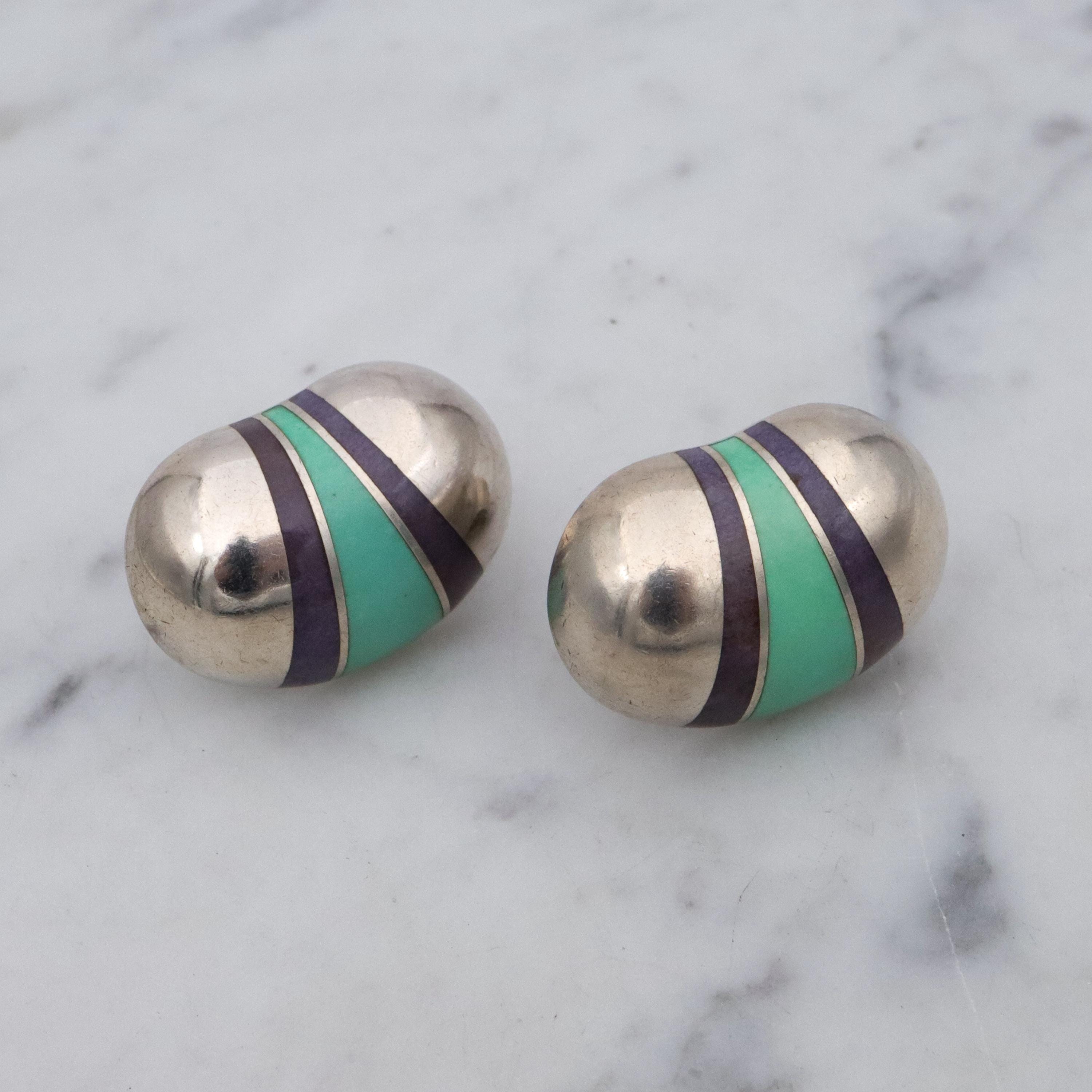 Vintage Valerie Jo Coulson gemstone inlaid sterling bean earrings