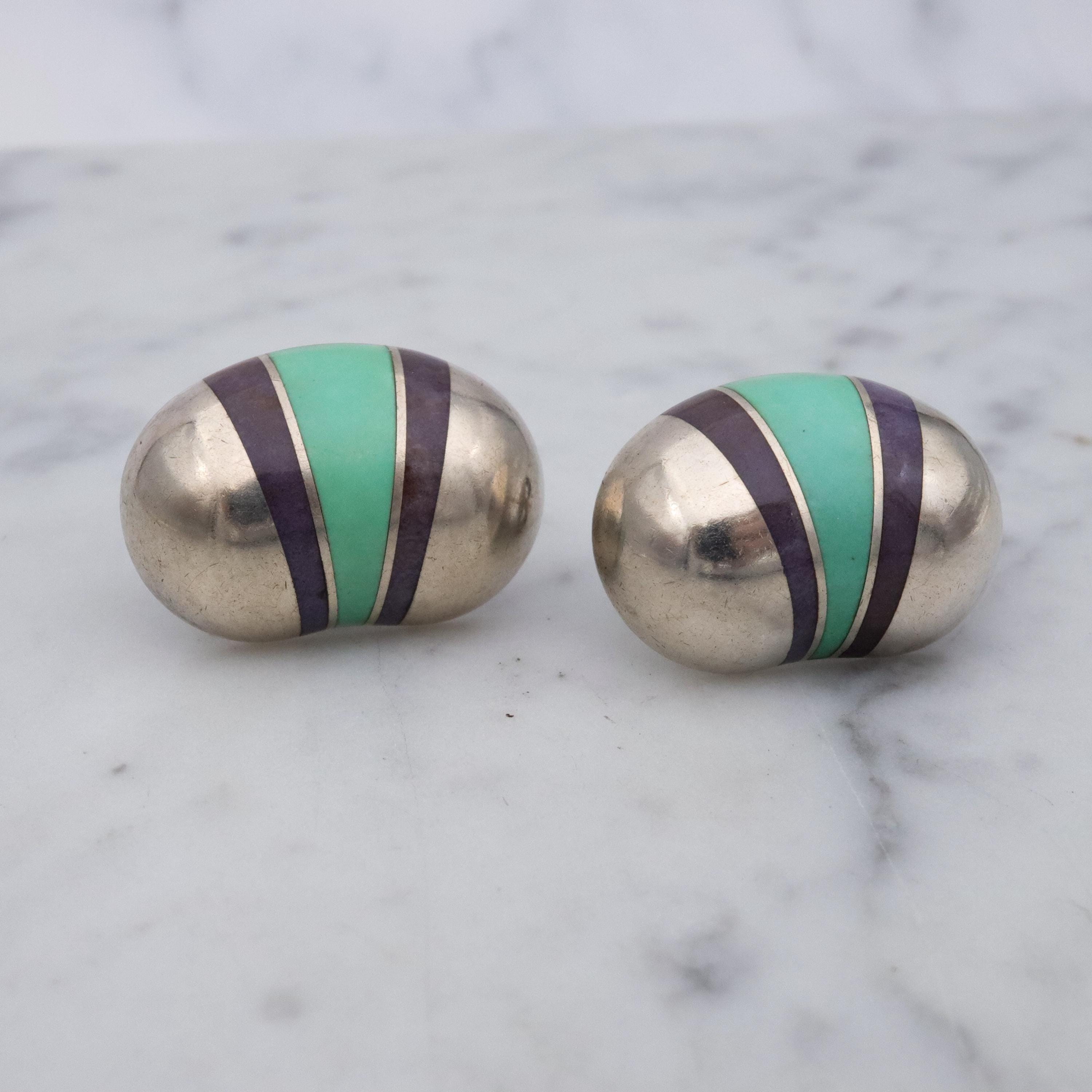 Vintage Valerie Jo Coulson gemstone inlaid sterling bean earrings