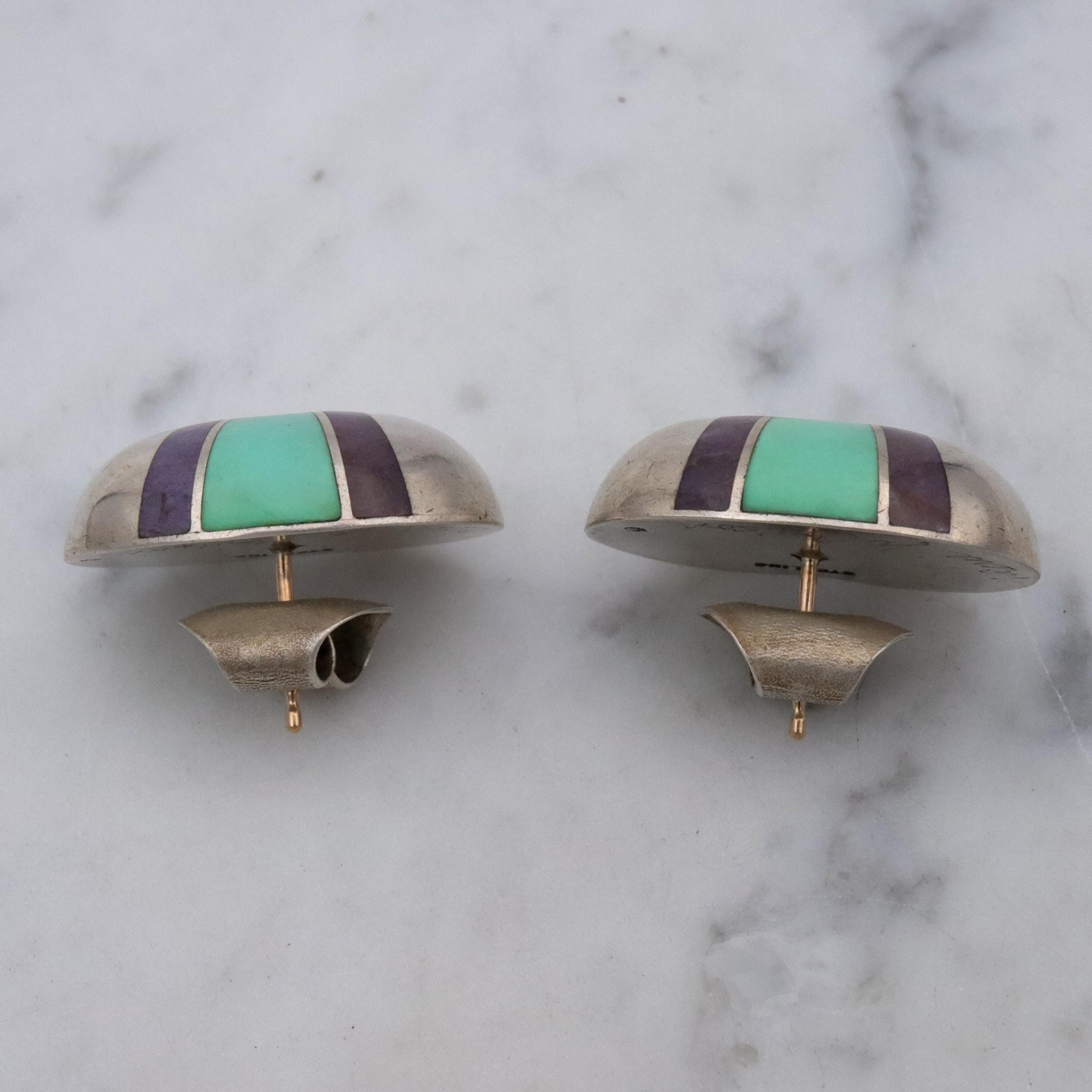 Vintage Valerie Jo Coulson gemstone inlaid sterling bean earrings