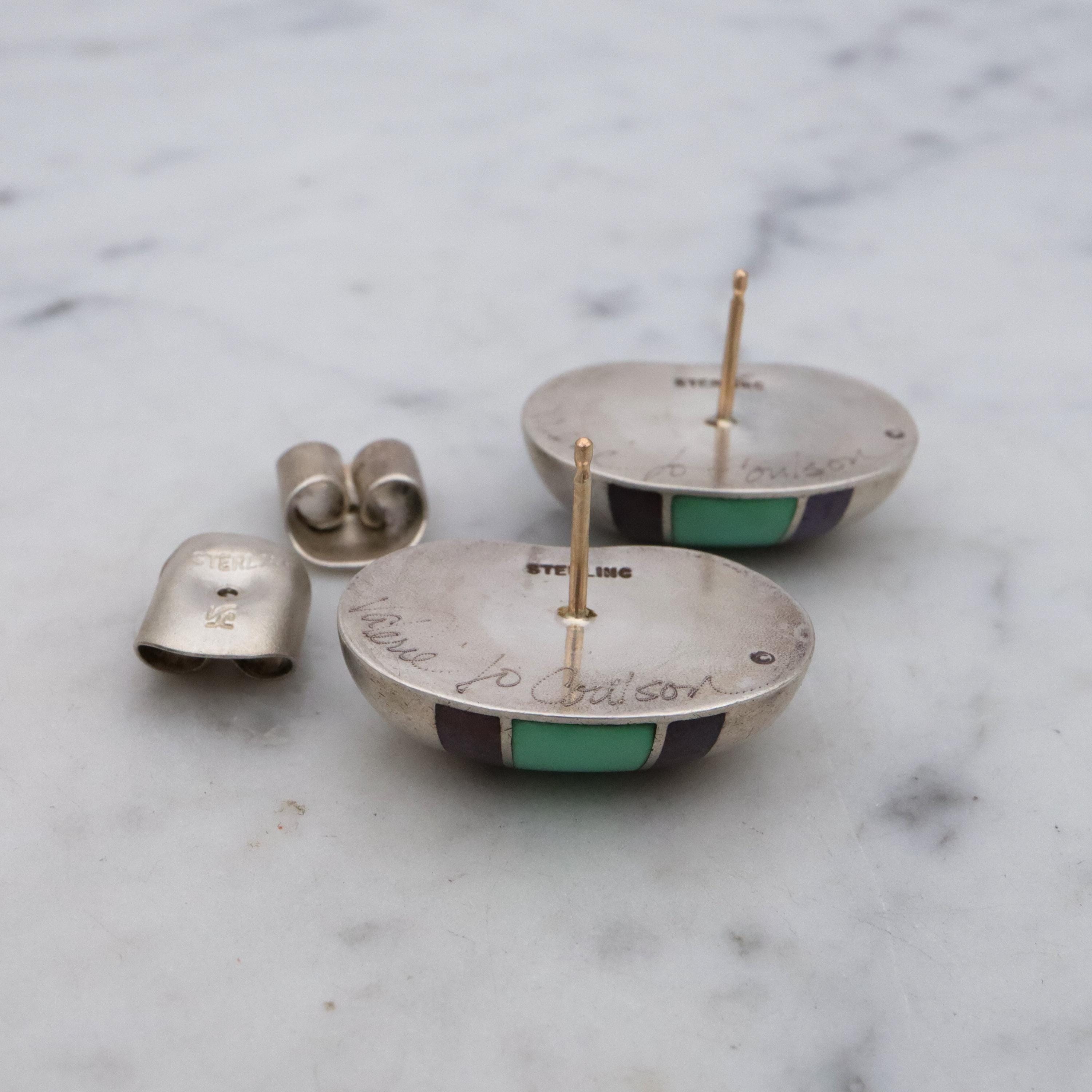Vintage Valerie Jo Coulson gemstone inlaid sterling bean earrings