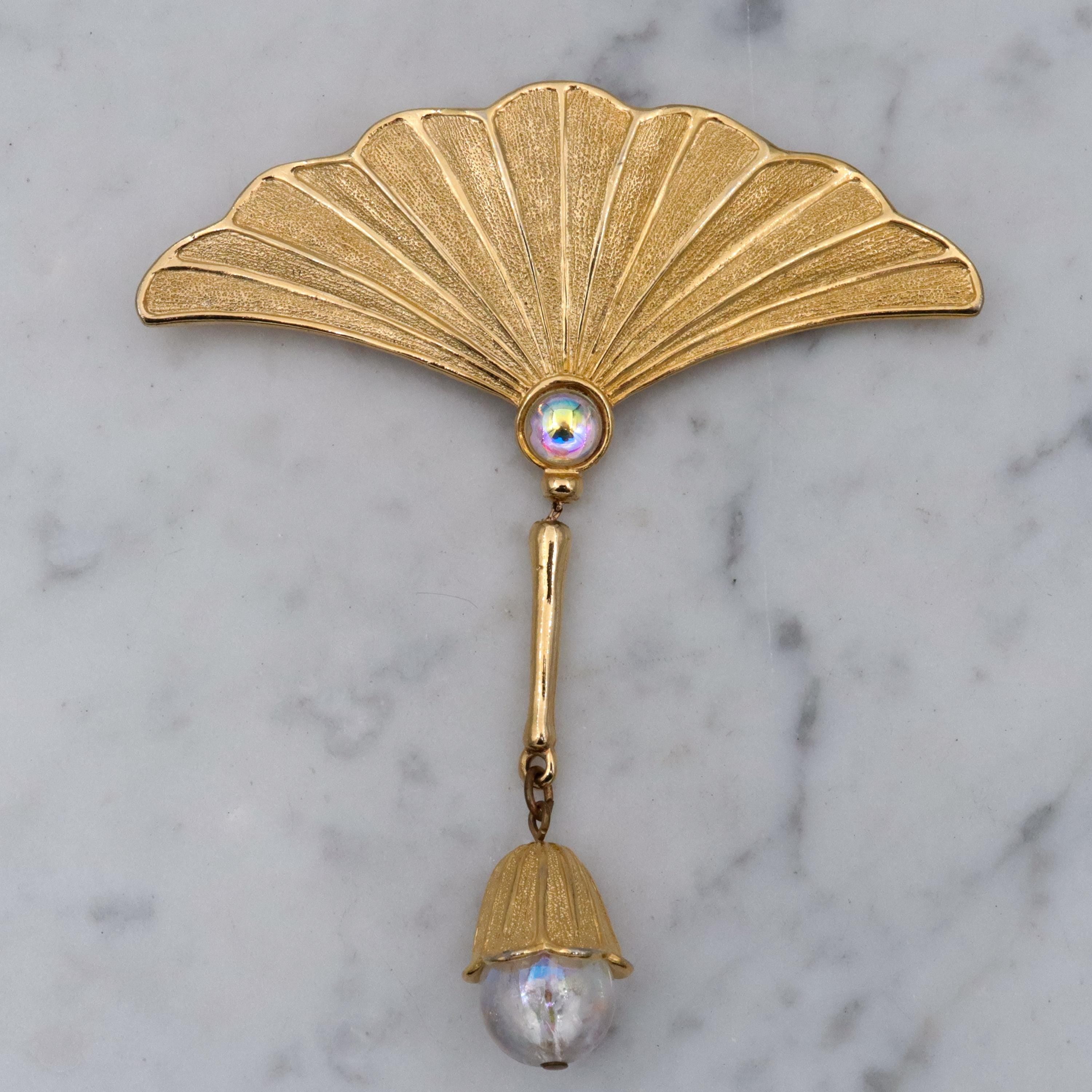 Vintage JJ Jonette gold tone fan brooch with drop