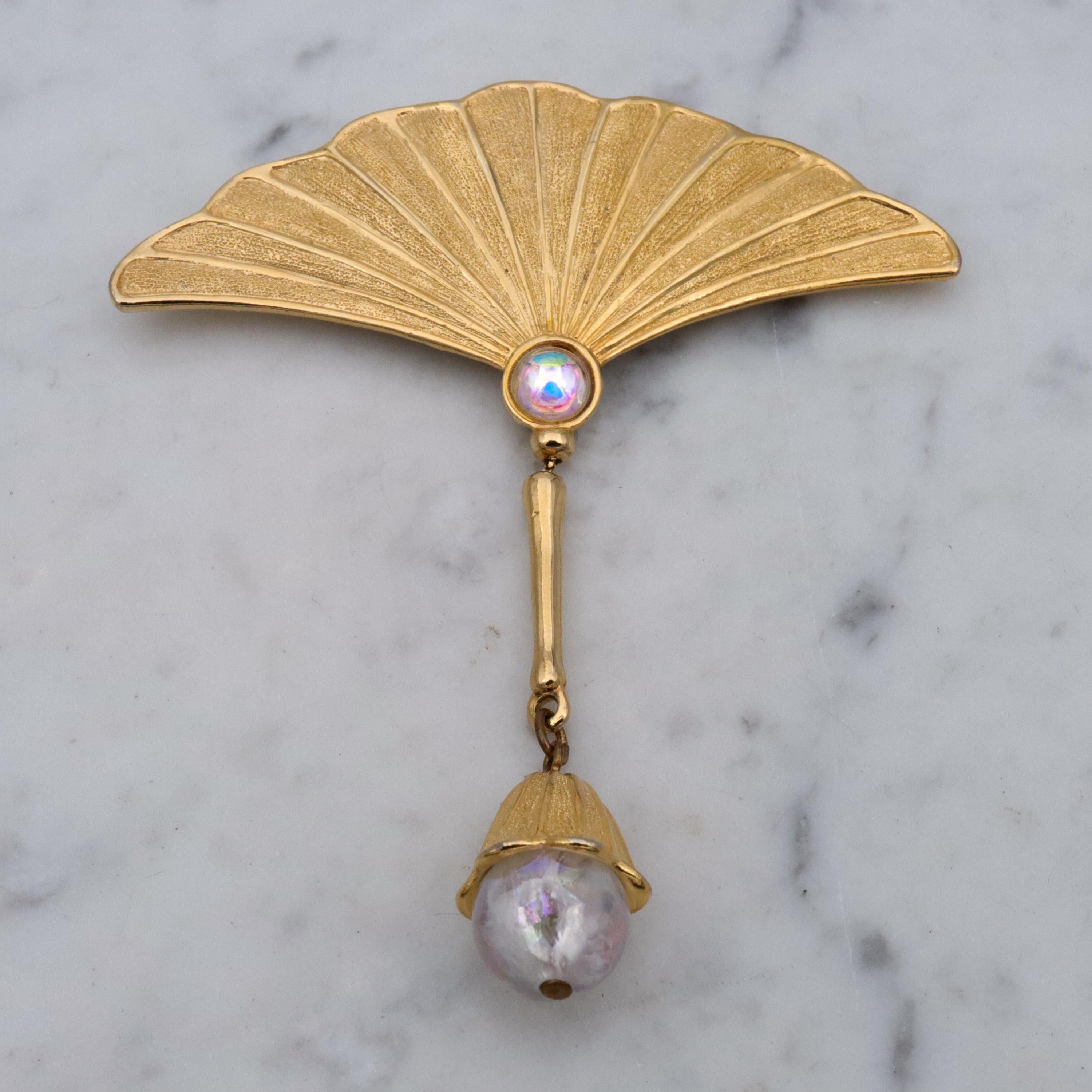 Vintage JJ Jonette gold tone fan brooch with drop