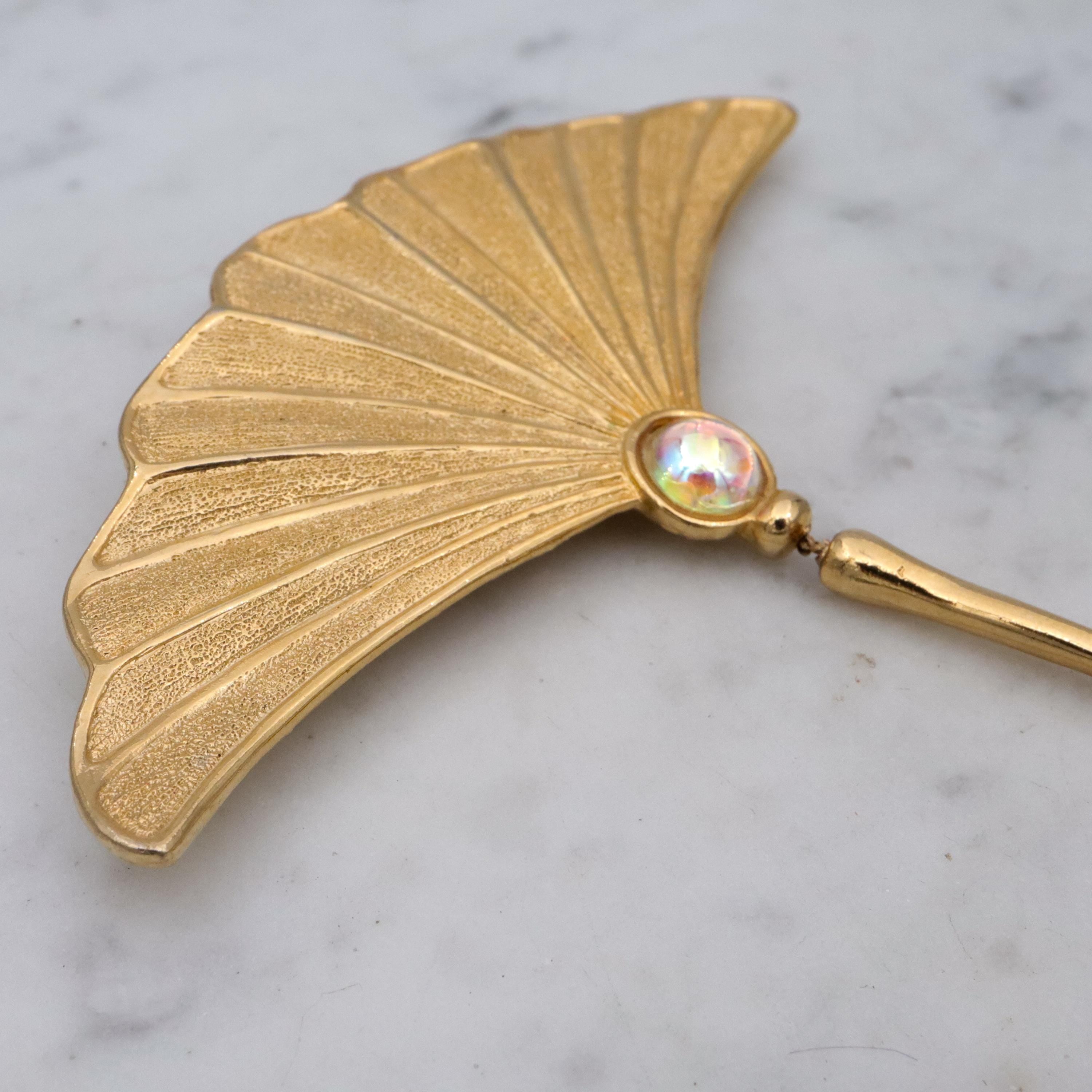 Vintage JJ Jonette gold tone fan brooch with drop