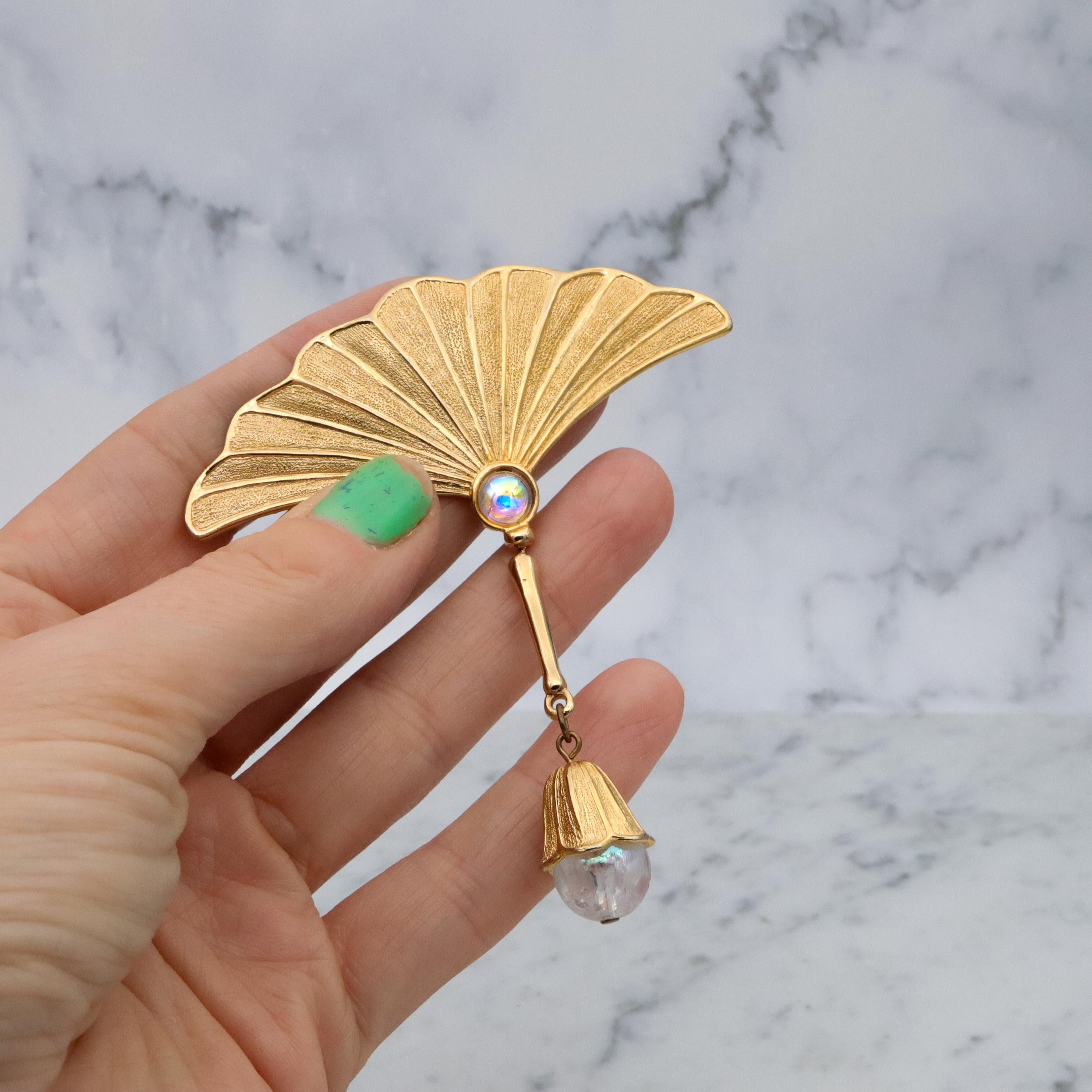 Vintage JJ Jonette gold tone fan brooch with drop