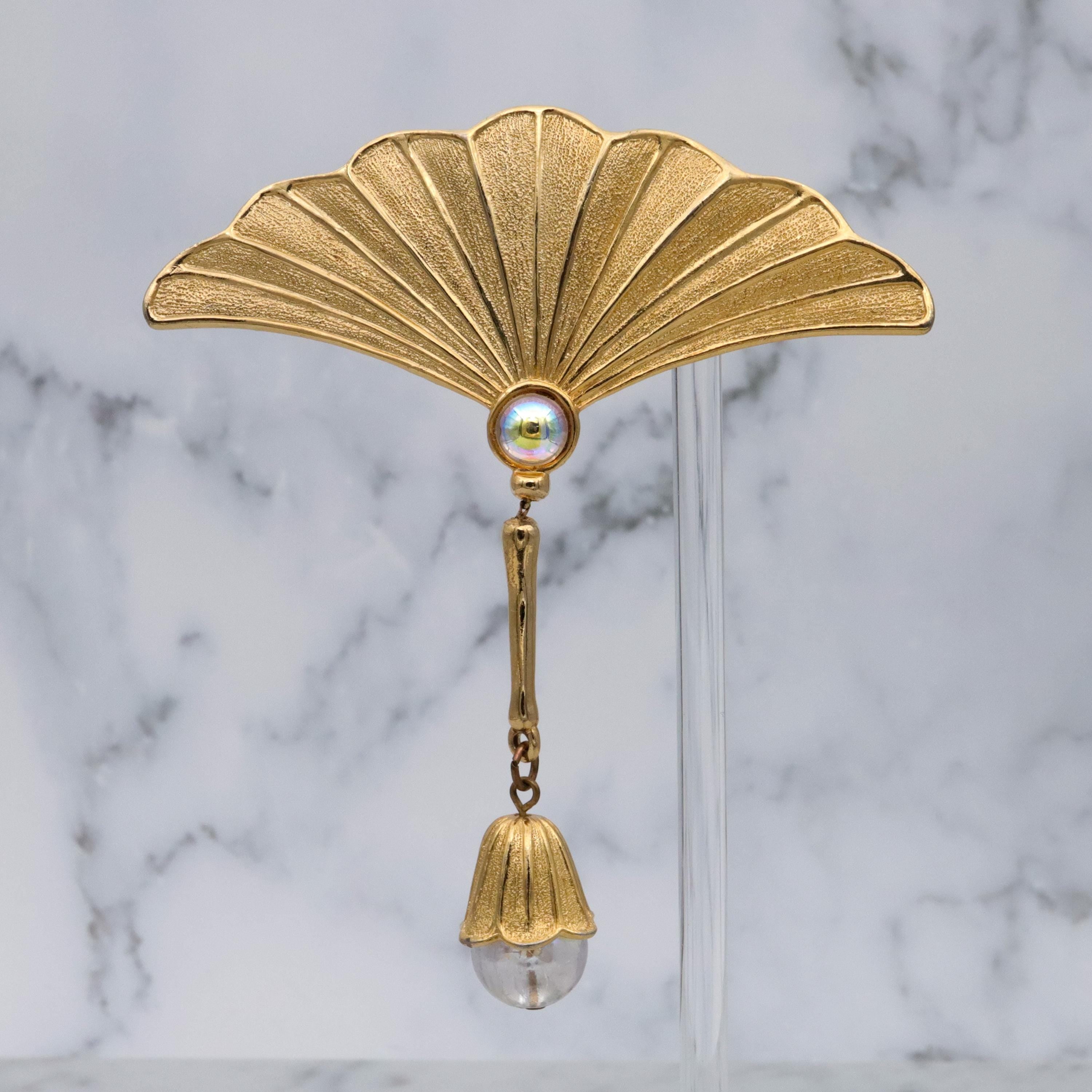 Vintage JJ Jonette gold tone fan brooch with drop