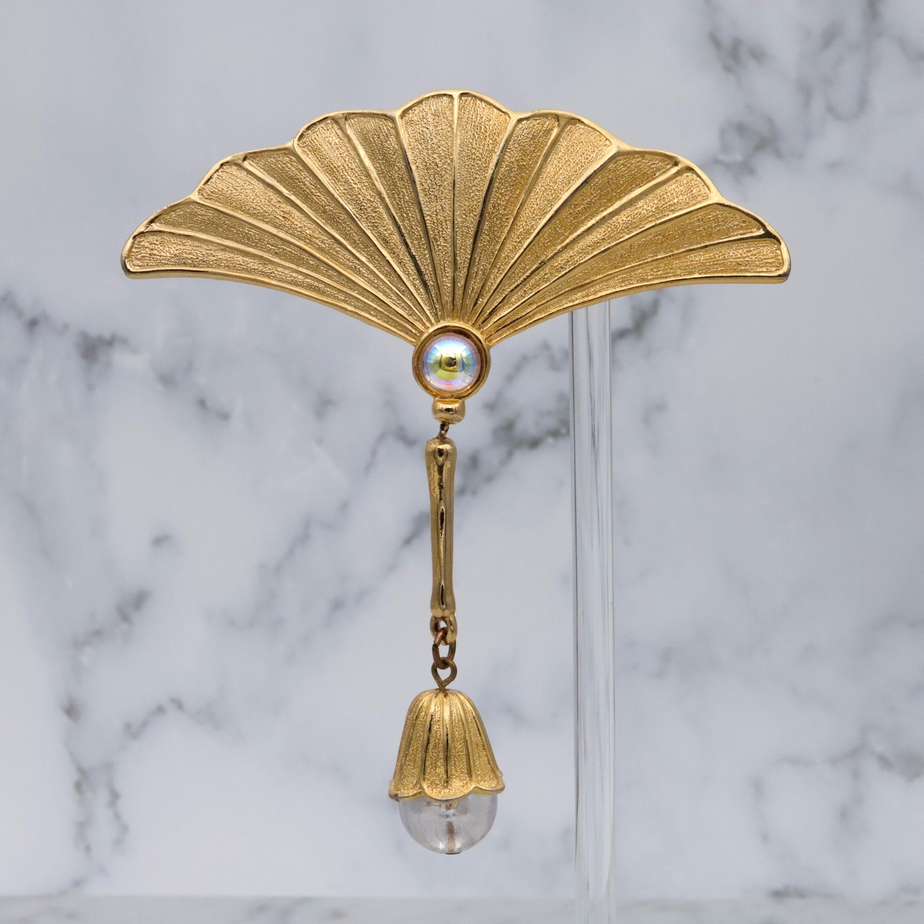 Vintage JJ Jonette gold tone fan brooch with drop