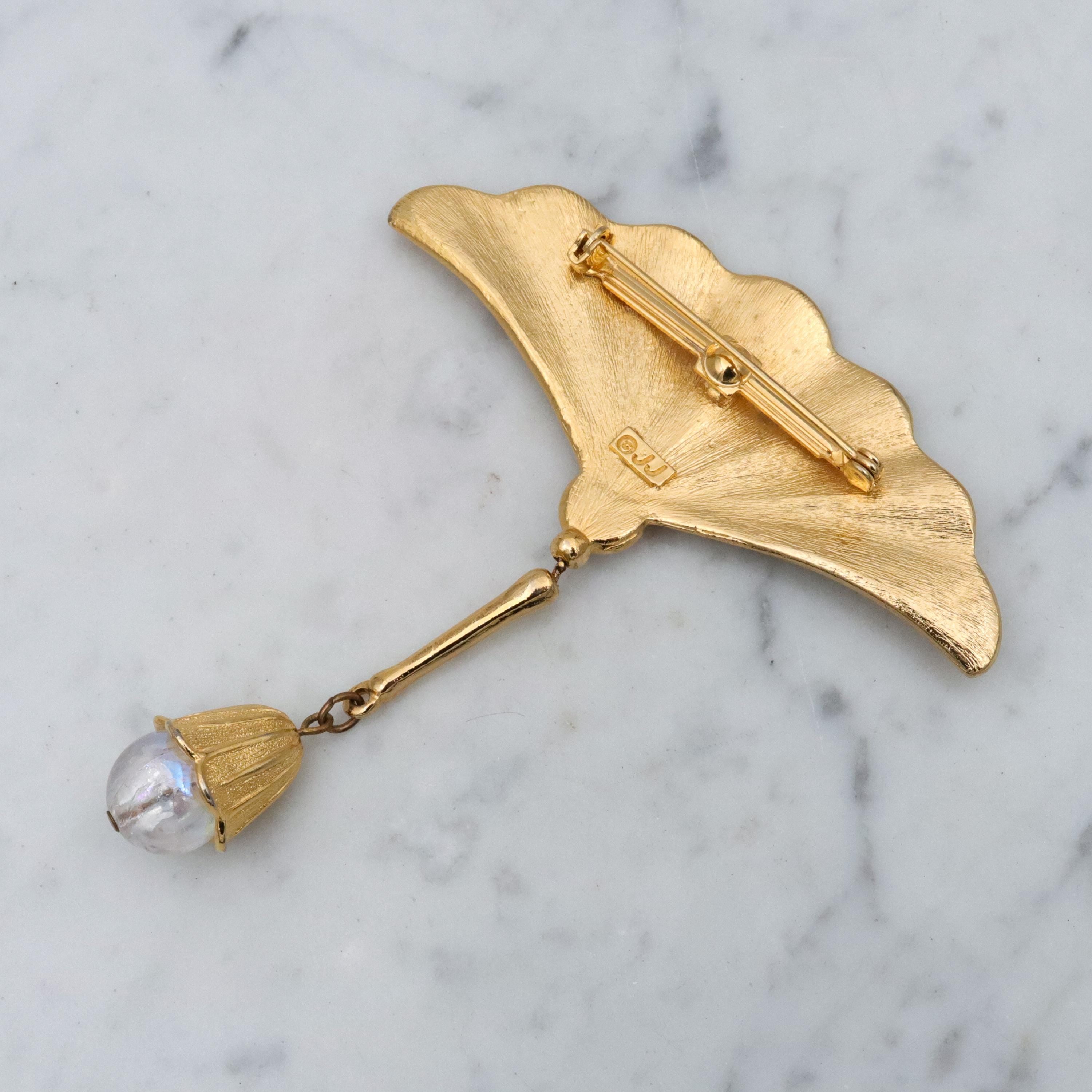 Vintage JJ Jonette gold tone fan brooch with drop