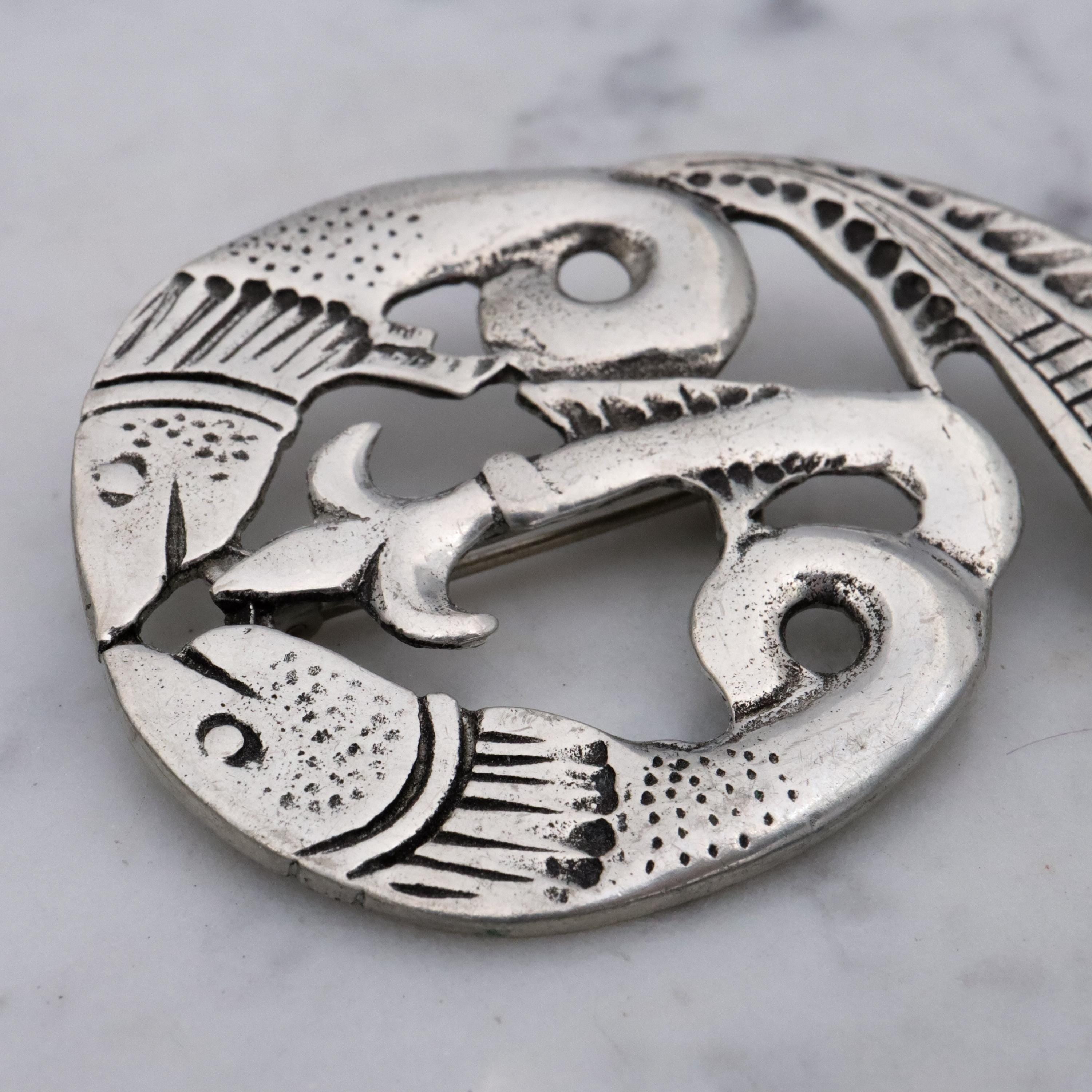Vintage St. Justin Celtic fish pewter brooch