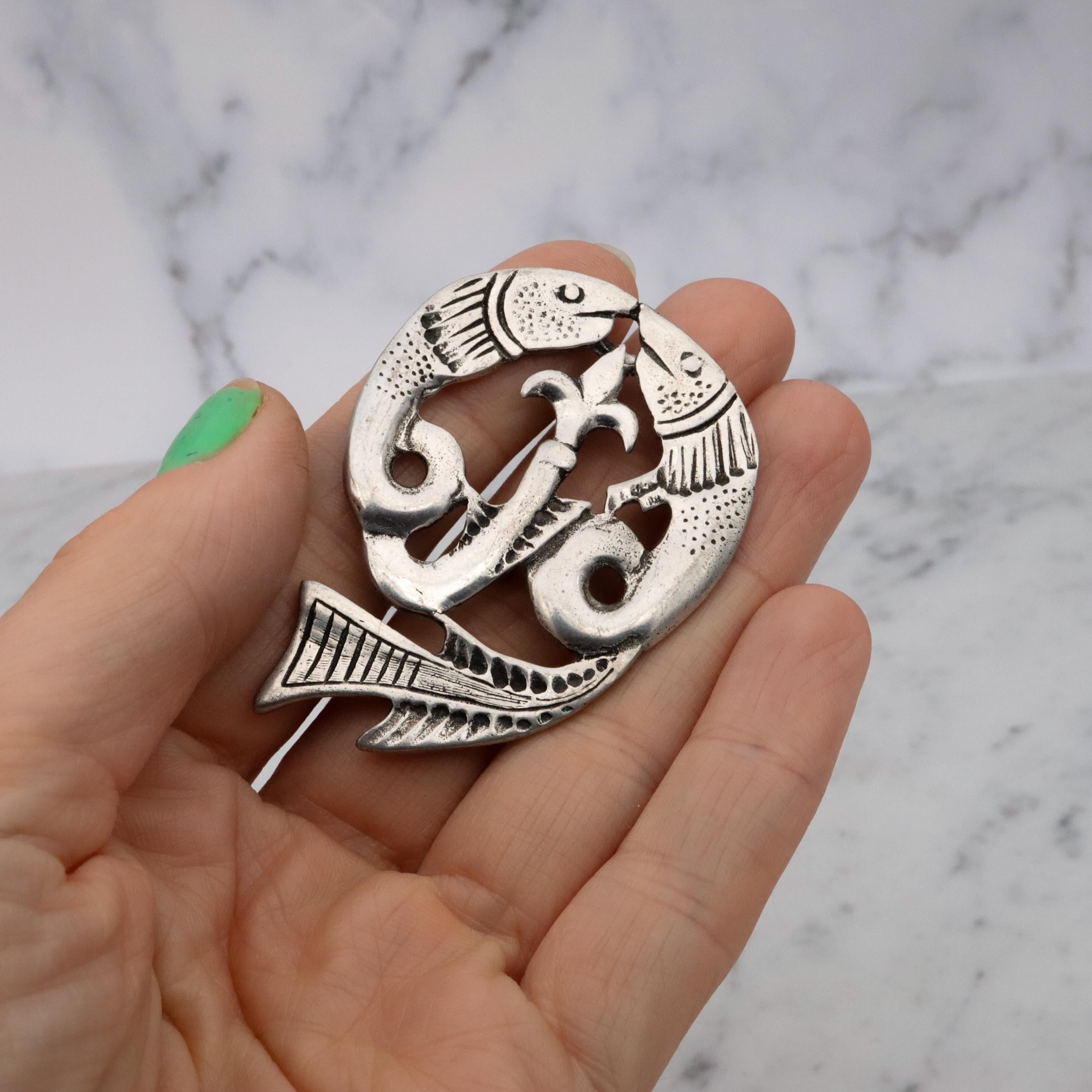 Vintage St. Justin Celtic fish pewter brooch