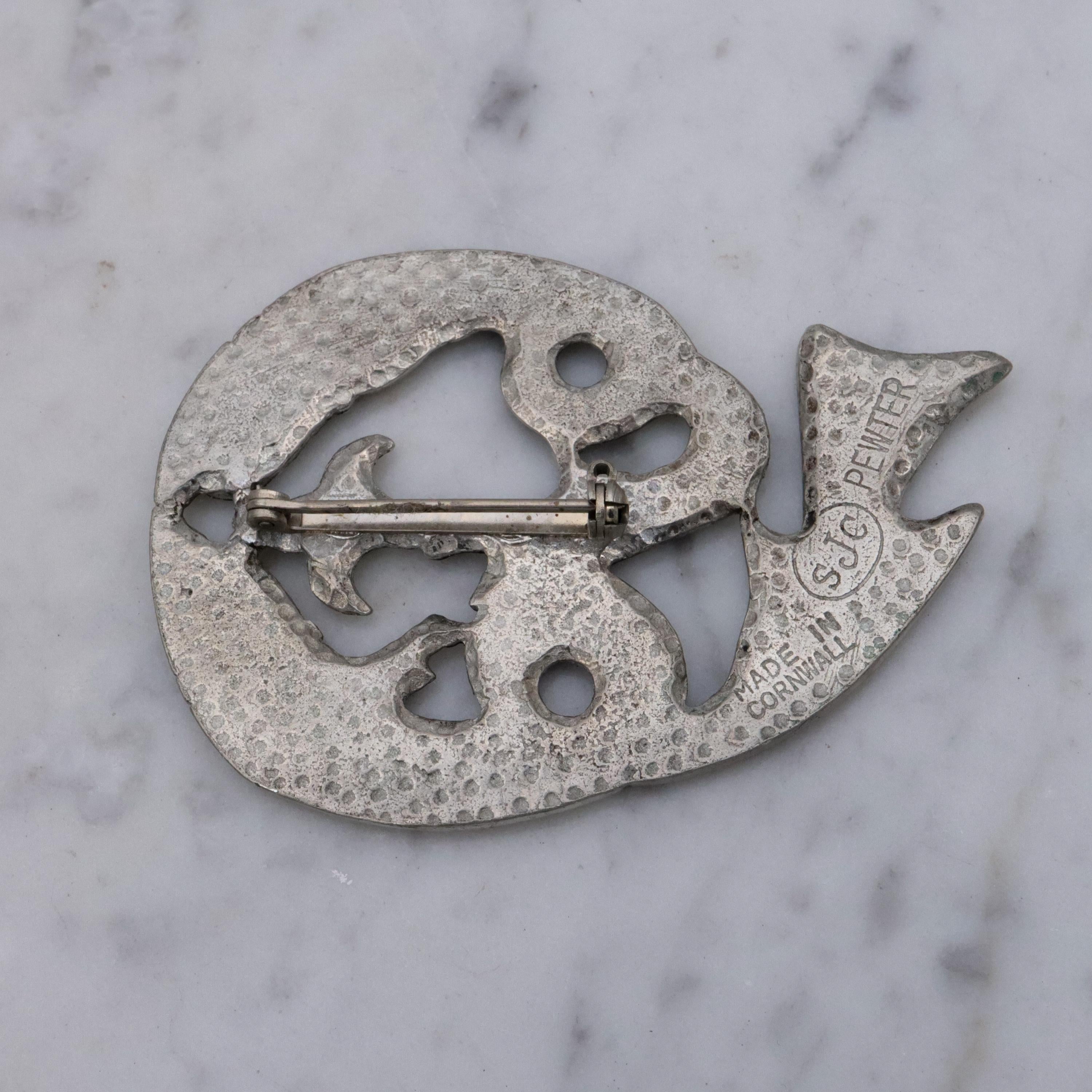 Vintage St. Justin Celtic fish pewter brooch