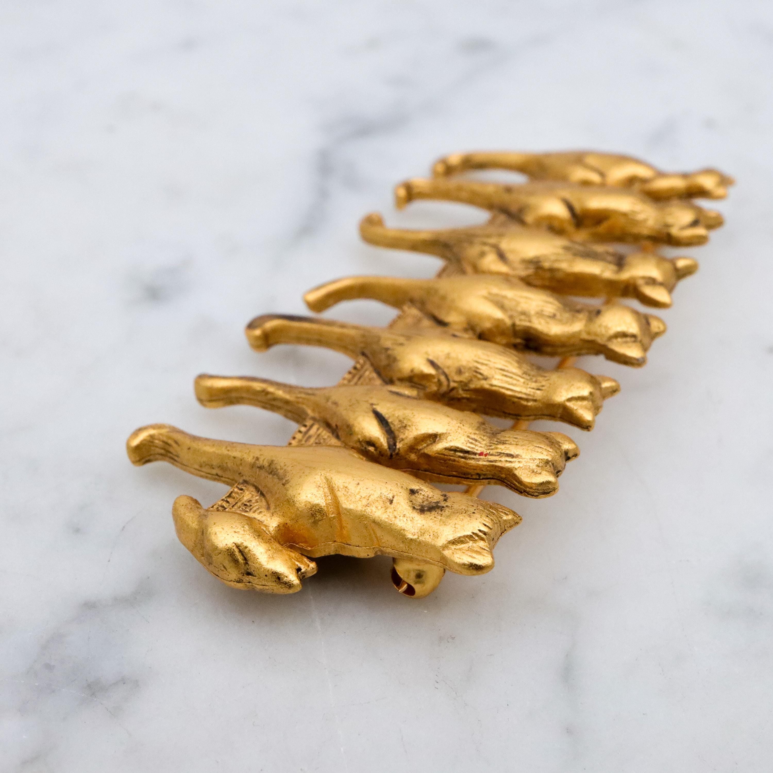 Vintage MFA Cats in a Row gold tone brooch