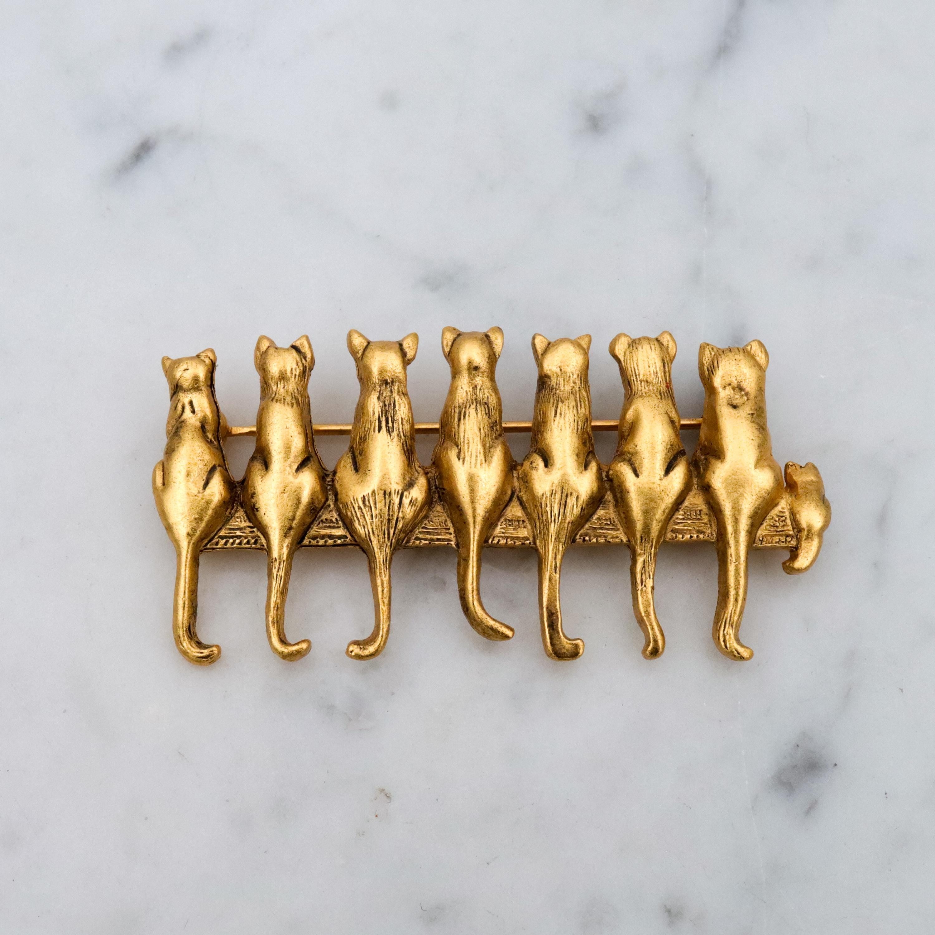 Vintage MFA Cats in a Row gold tone brooch
