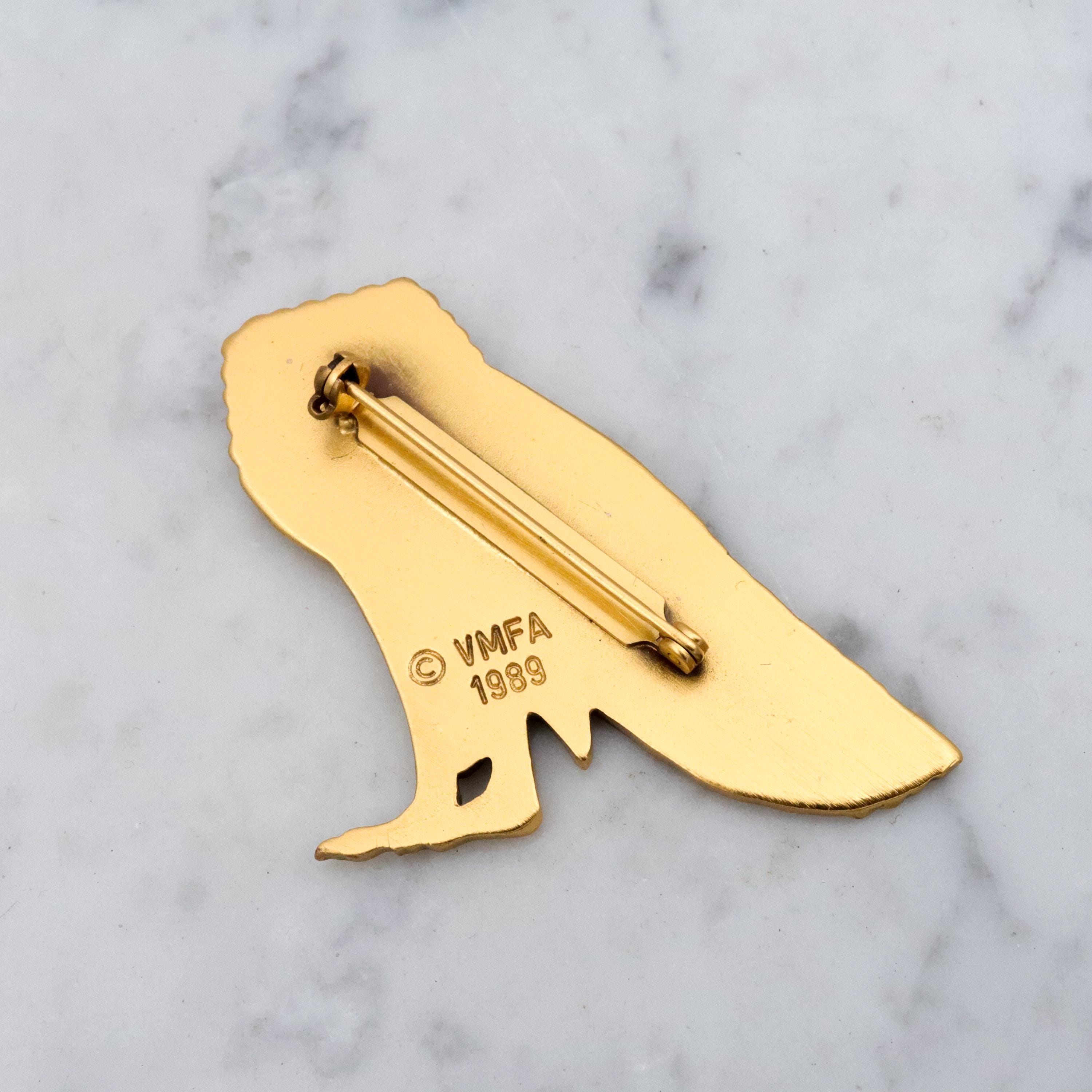Vintage VMFA Egyptian Revival barn owl gold tone brooch