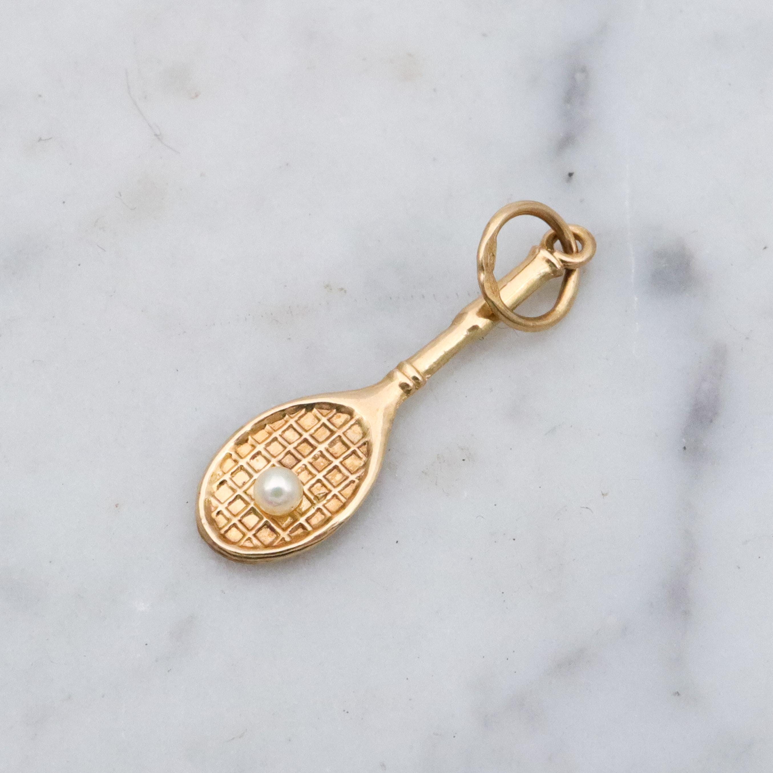 Vintage 14k gold & pearl tennis racket charm pendant