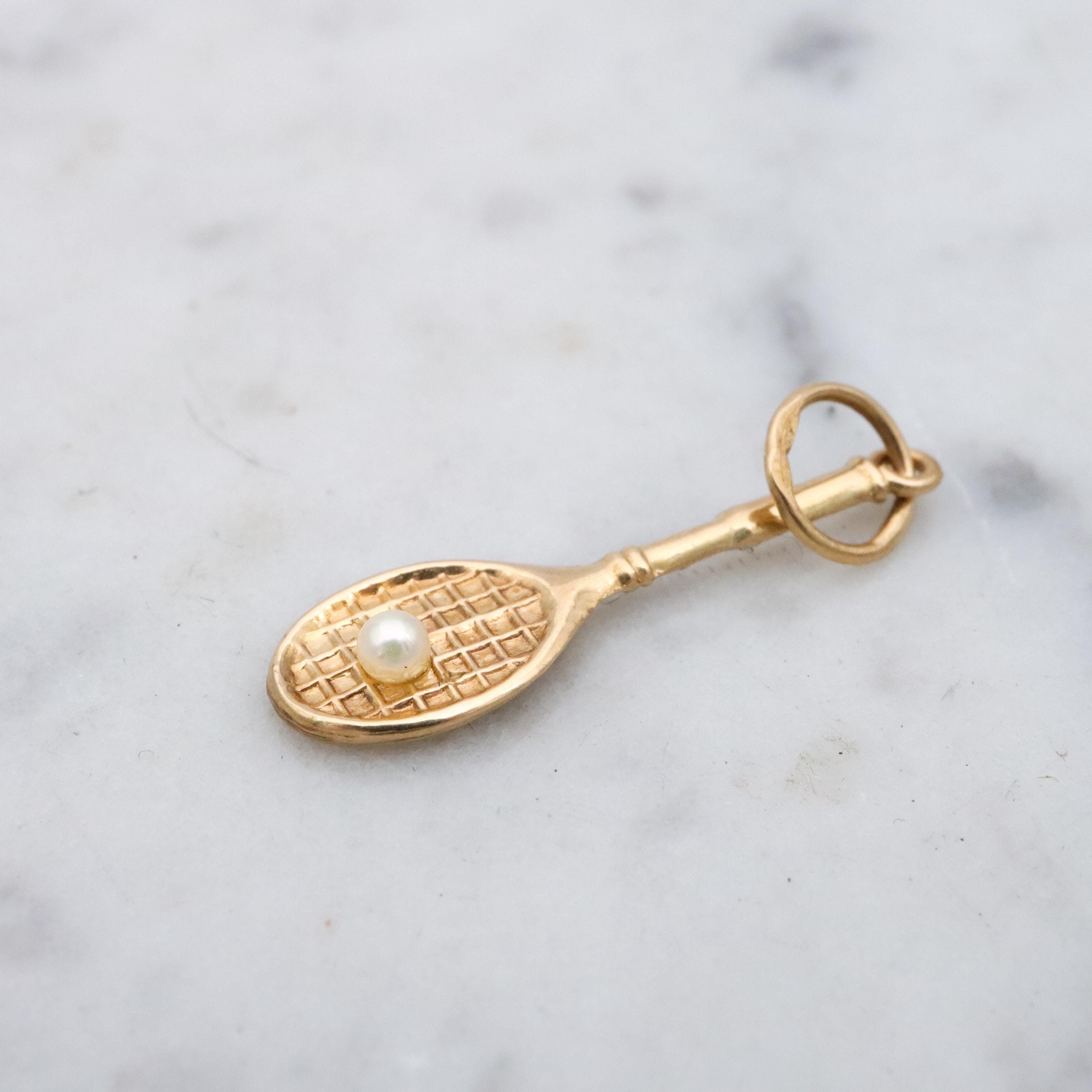 Vintage 14k gold & pearl tennis racket charm pendant