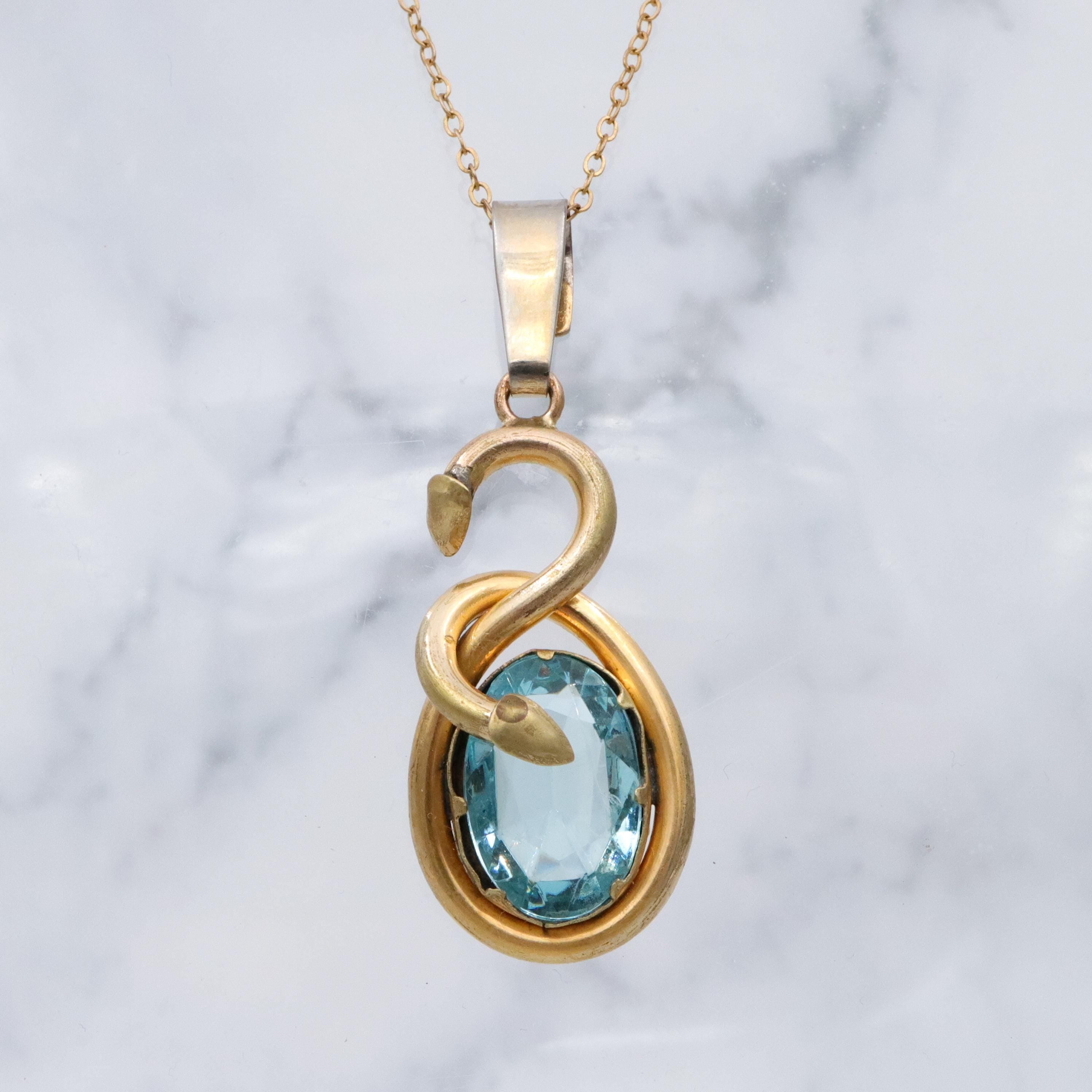 Victorian gilt metal & aqua glass snake pendant