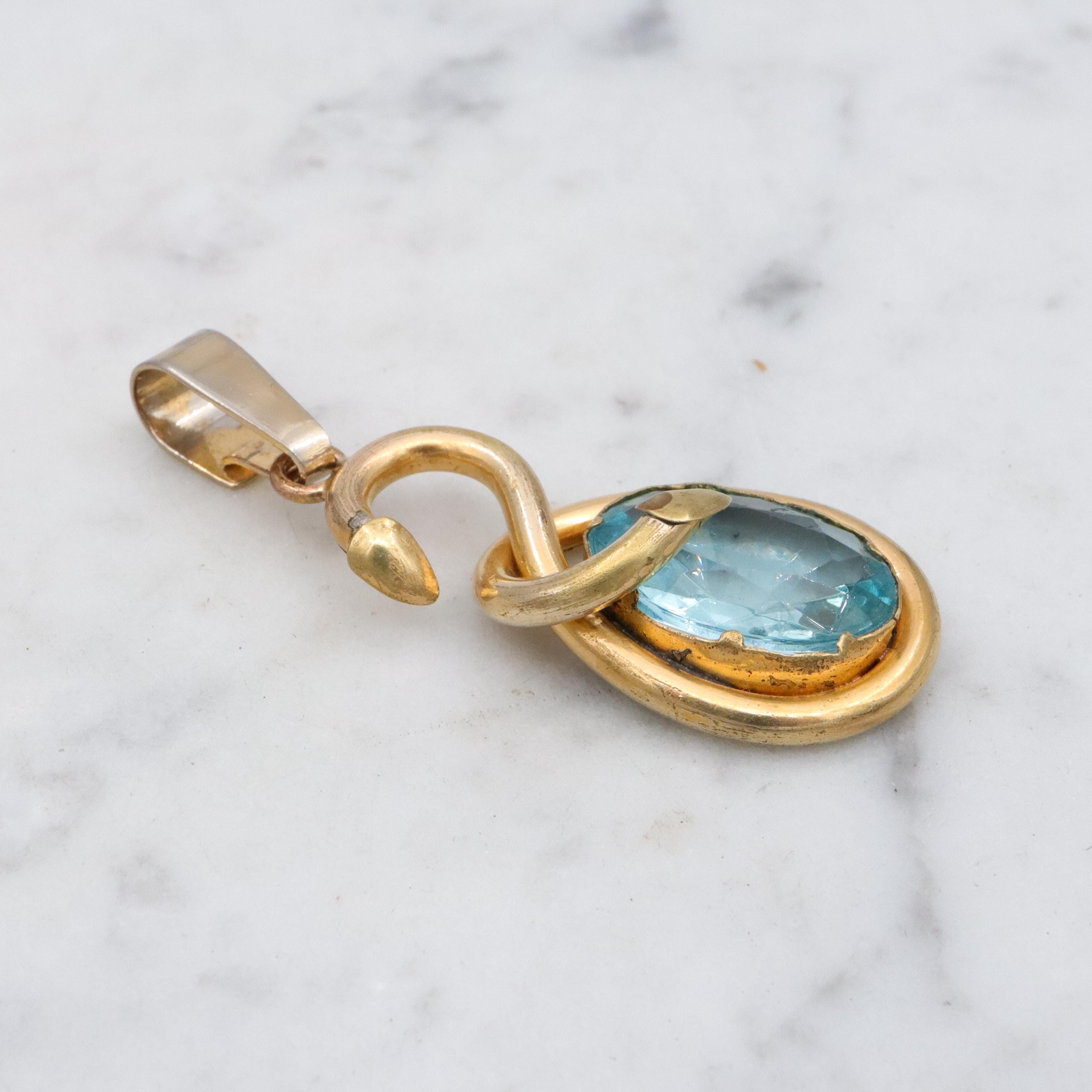 Victorian gilt metal & aqua glass snake pendant